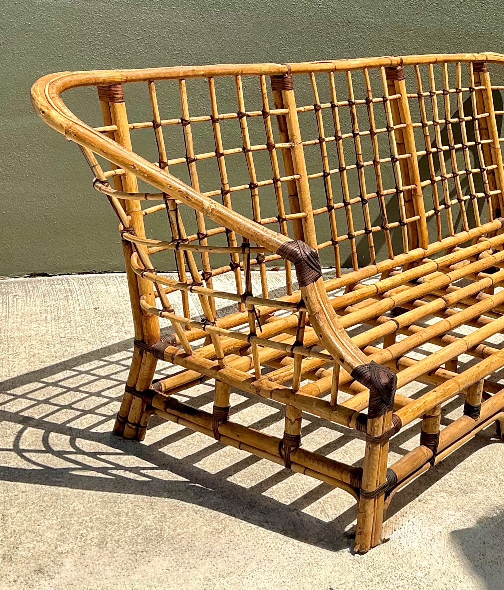 Vintage Woven Grid Rattan High Back Sofa - Back view