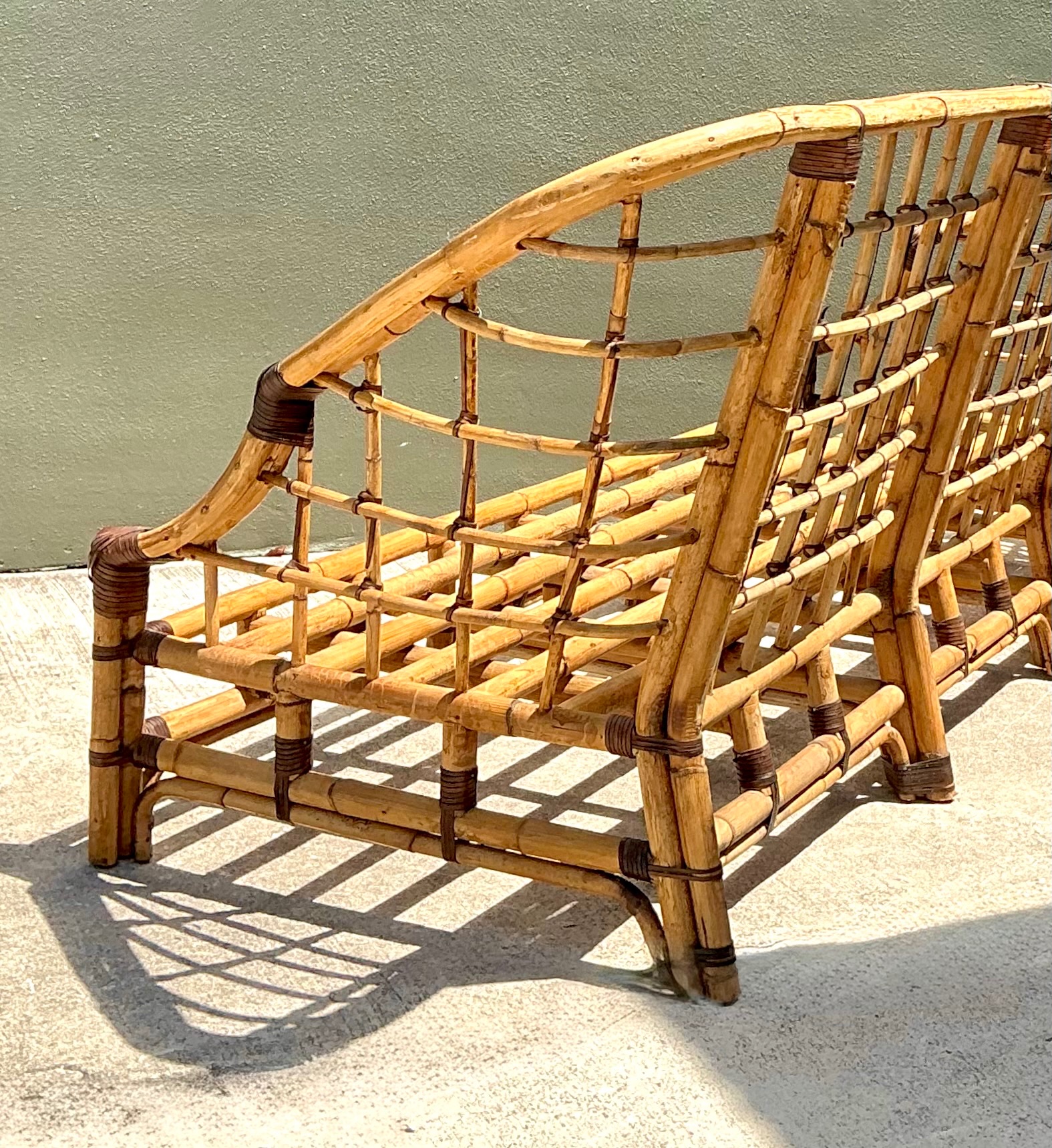 Vintage Woven Grid Rattan High Back Sofa - Side view