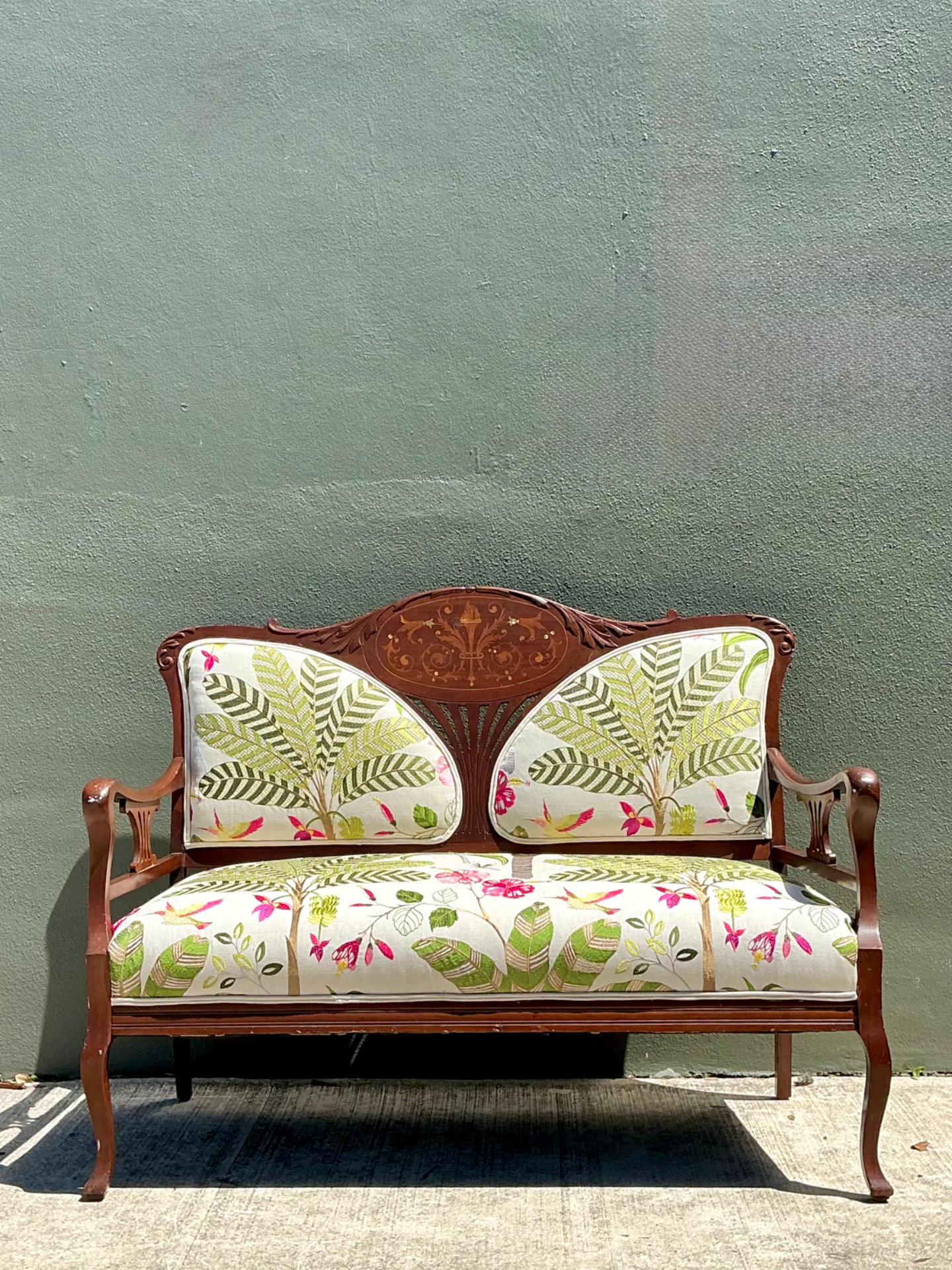Vintage Carved Wood Settee with Embroidered Botanical Upholstery - Top view