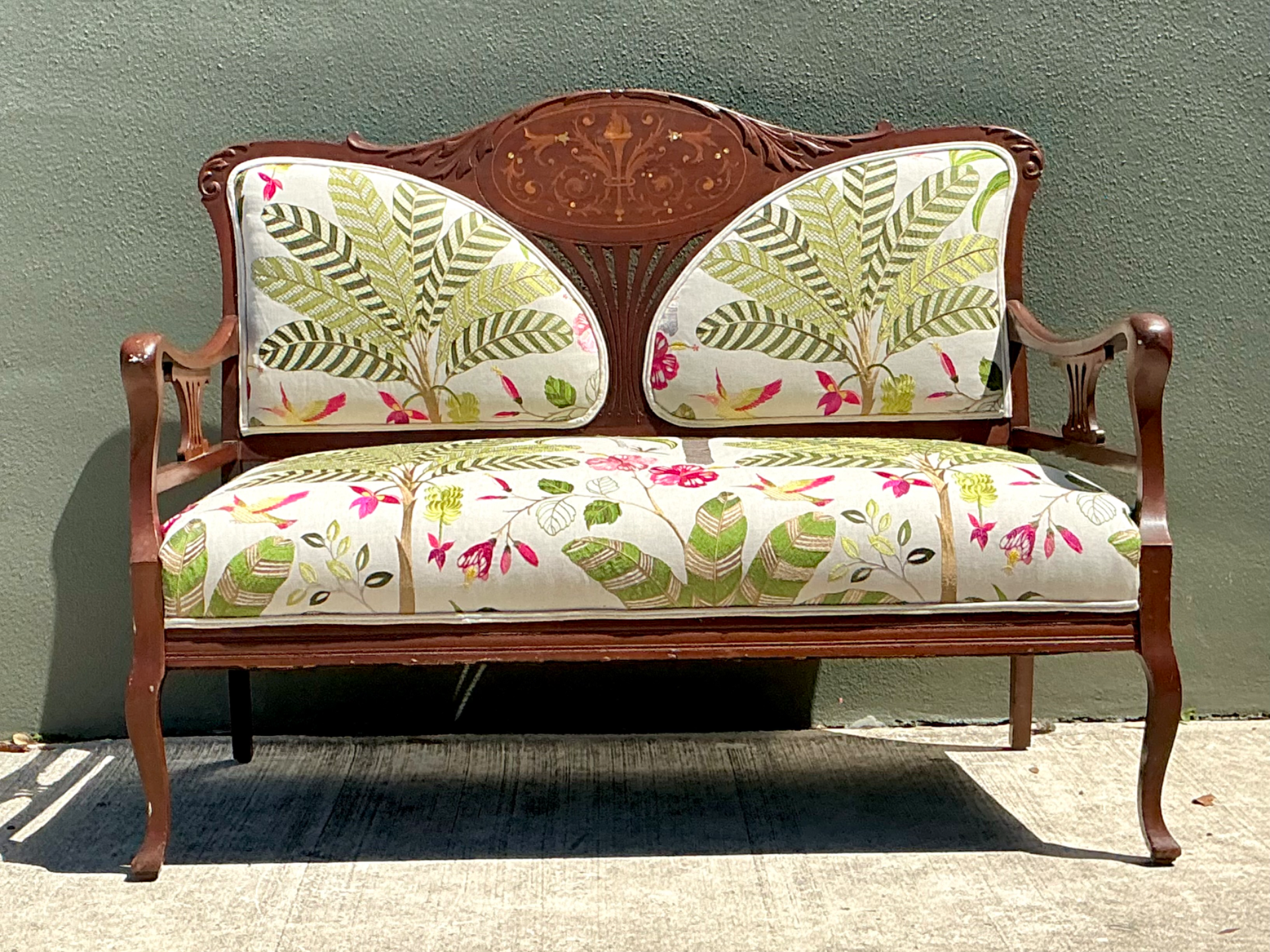Vintage Carved Wood Settee with Embroidered Botanical Upholstery - Side view