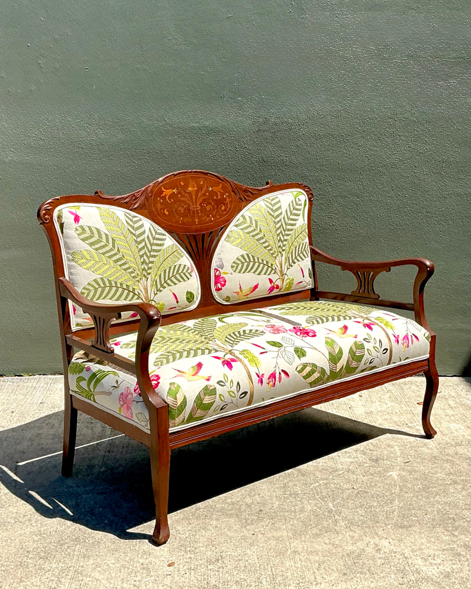 Vintage Carved Wood Settee with Embroidered Botanical Upholstery - Back view