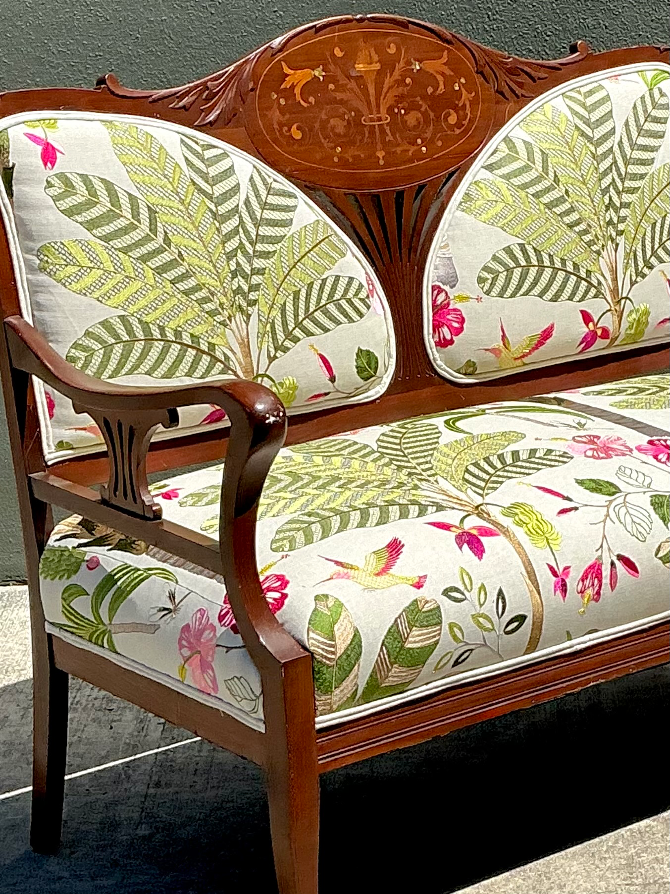 Vintage Carved Wood Settee with Embroidered Botanical Upholstery - Detail view