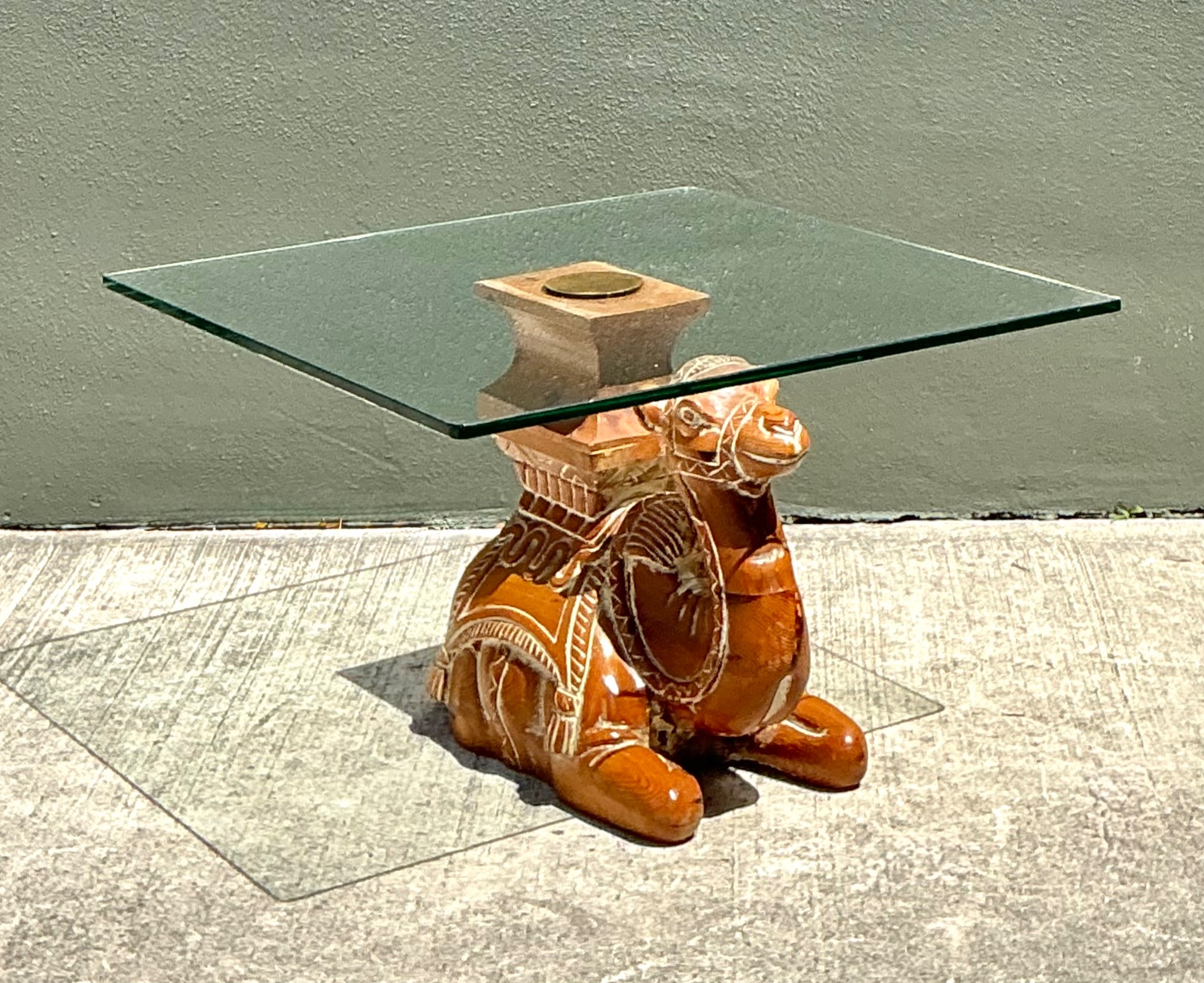 Vintage Carved Wood Camel Glass Table - Top view