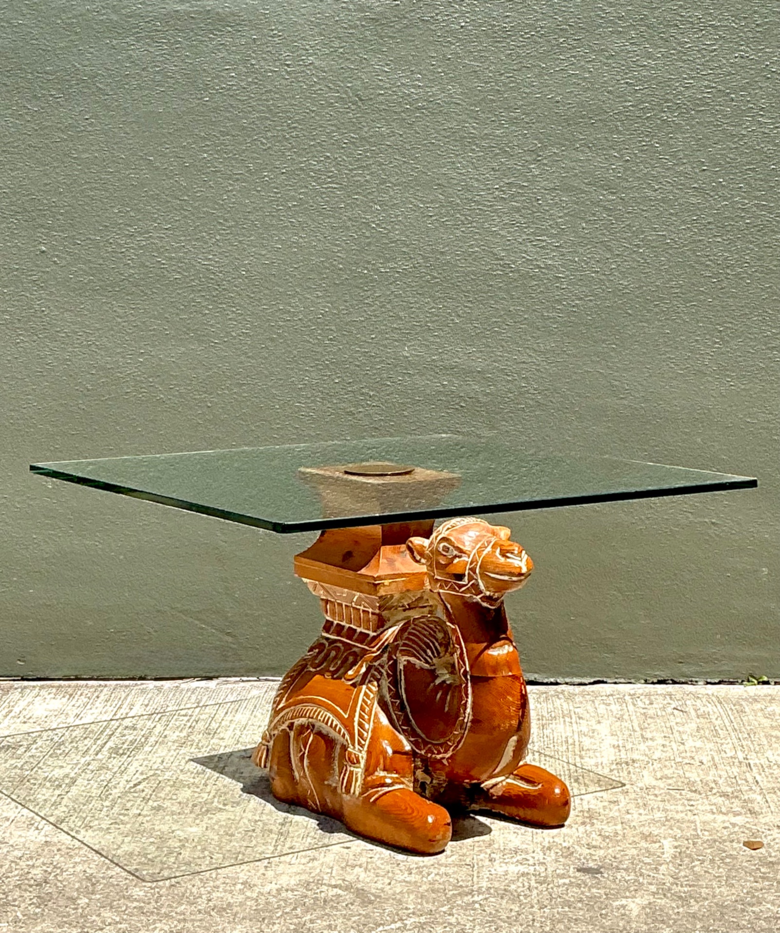 Vintage Carved Wood Camel Glass Table - Side view