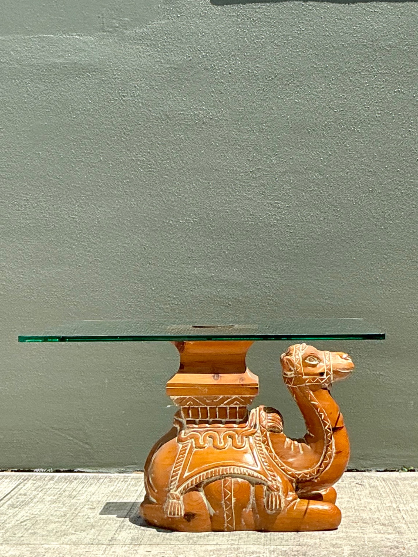 Vintage Carved Wood Camel Glass Table - Back view