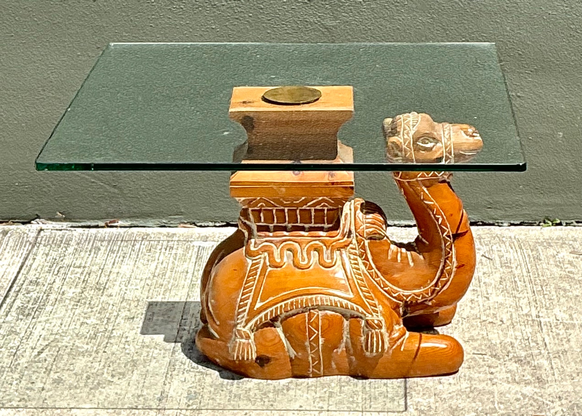 Vintage Carved Wood Camel Glass Table - Top view