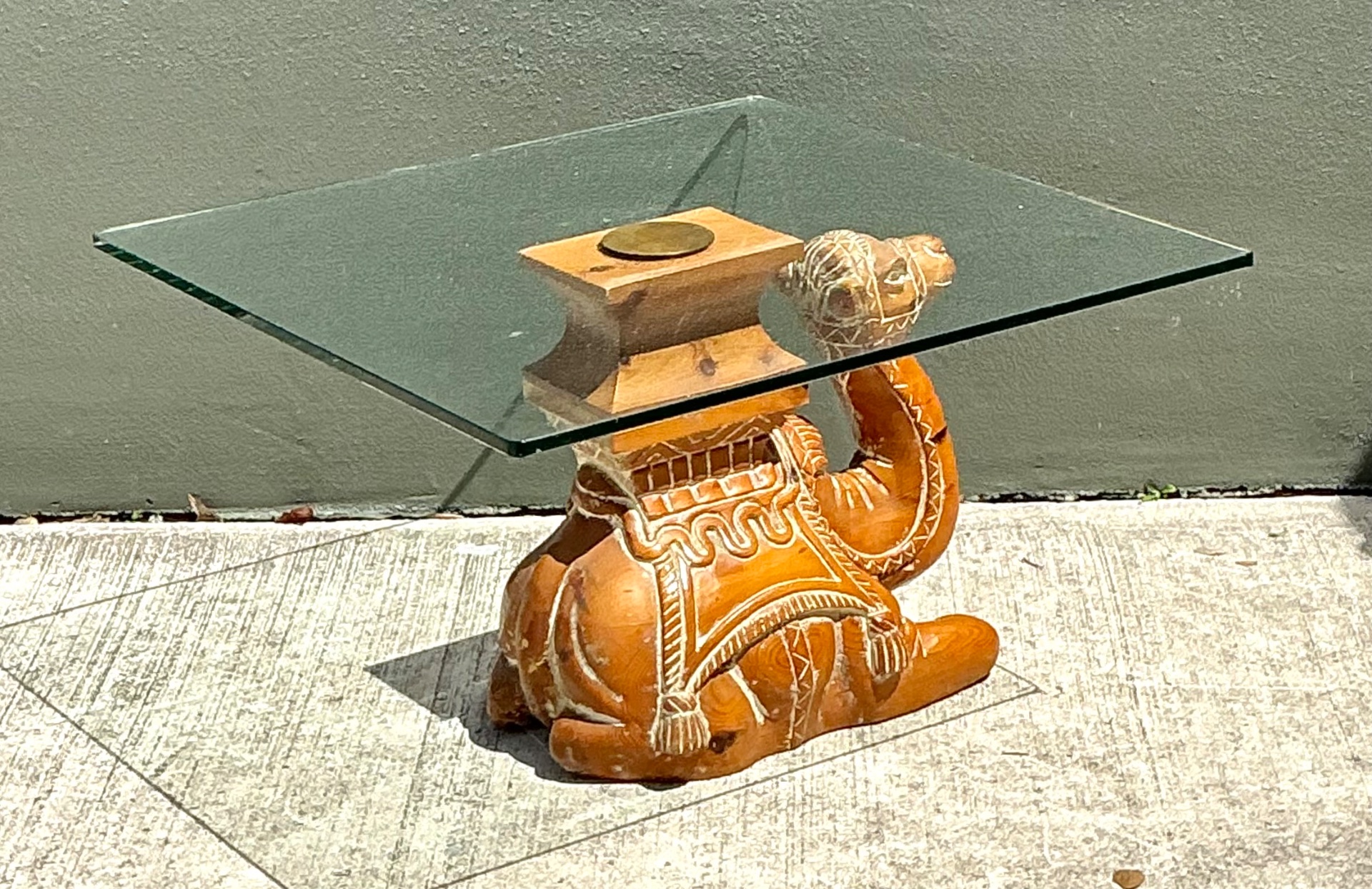 Vintage Carved Wood Camel Glass Table - Back view