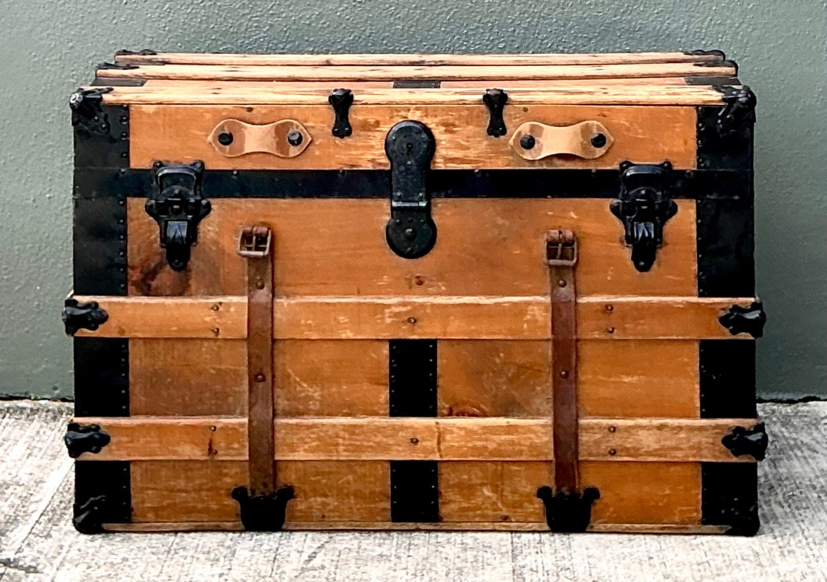 Vintage Wooden Travel Trunk with Metal Accents - Detail view
