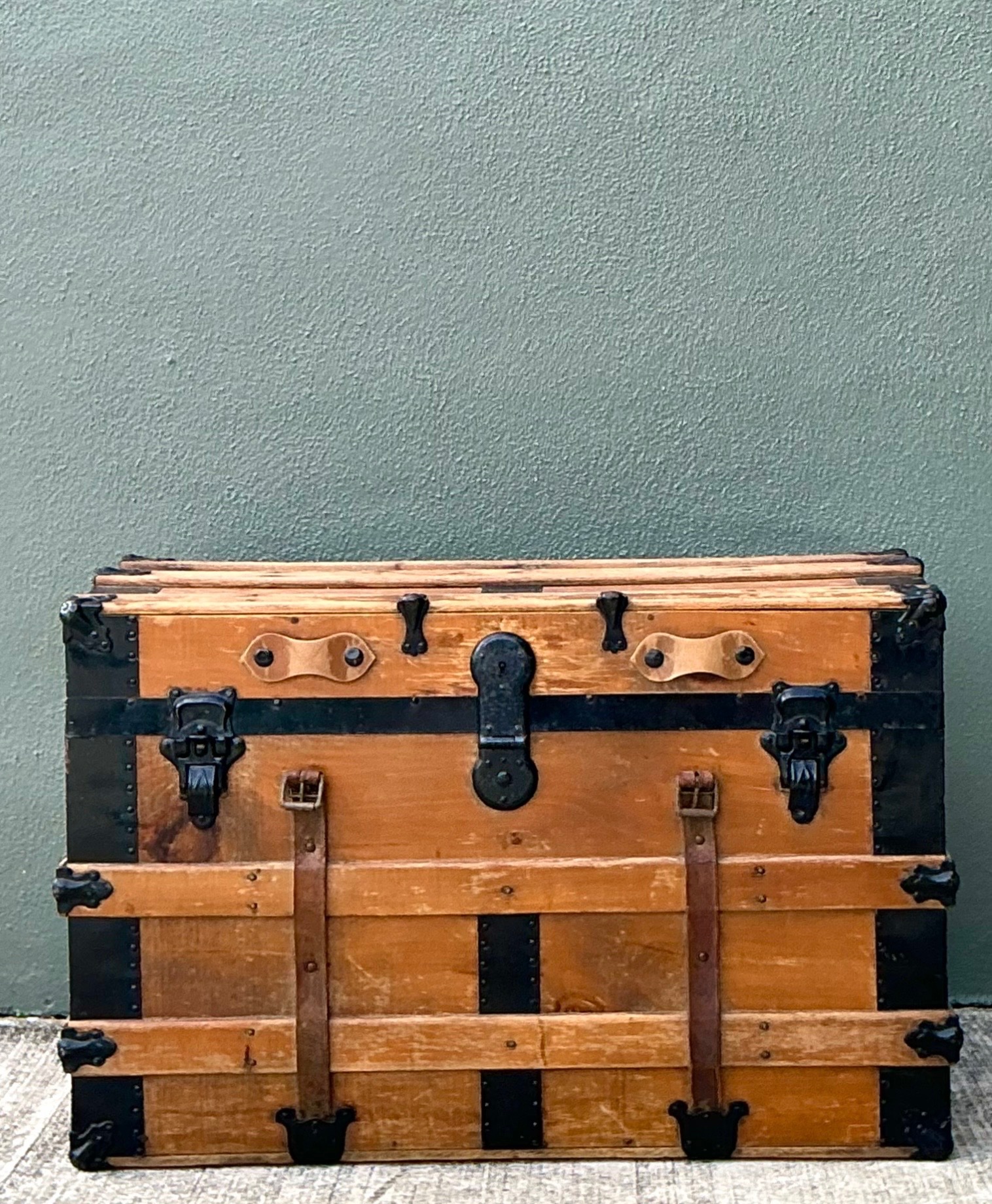 Vintage Wooden Travel Trunk with Metal Accents - Back view