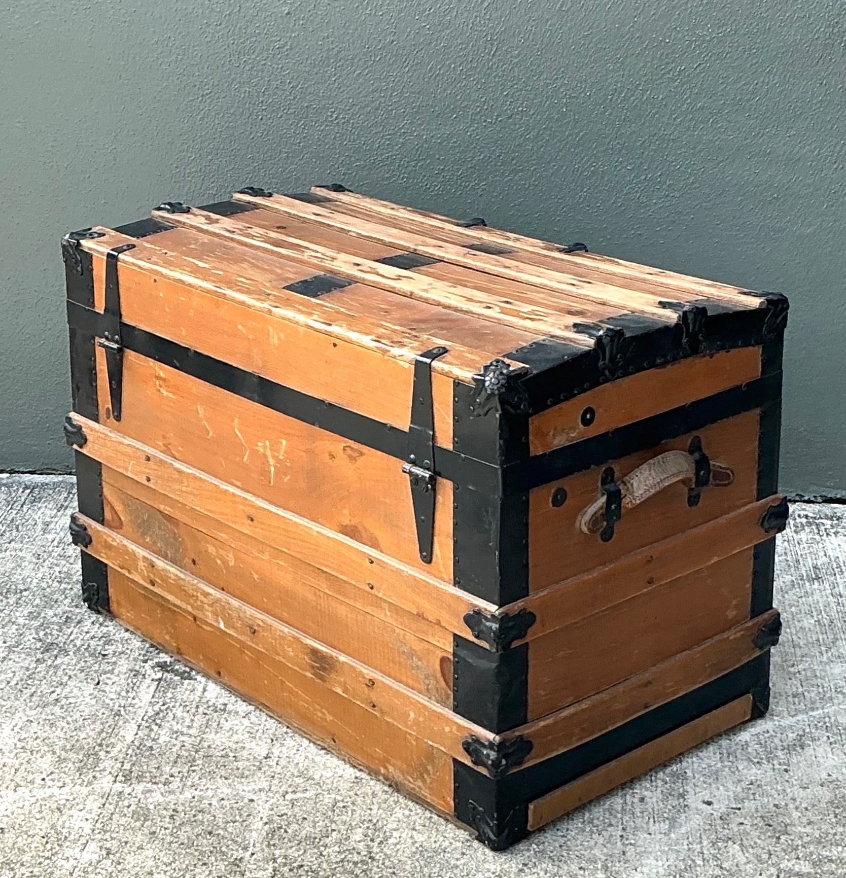 Vintage Wooden Travel Trunk with Metal Accents - Side view