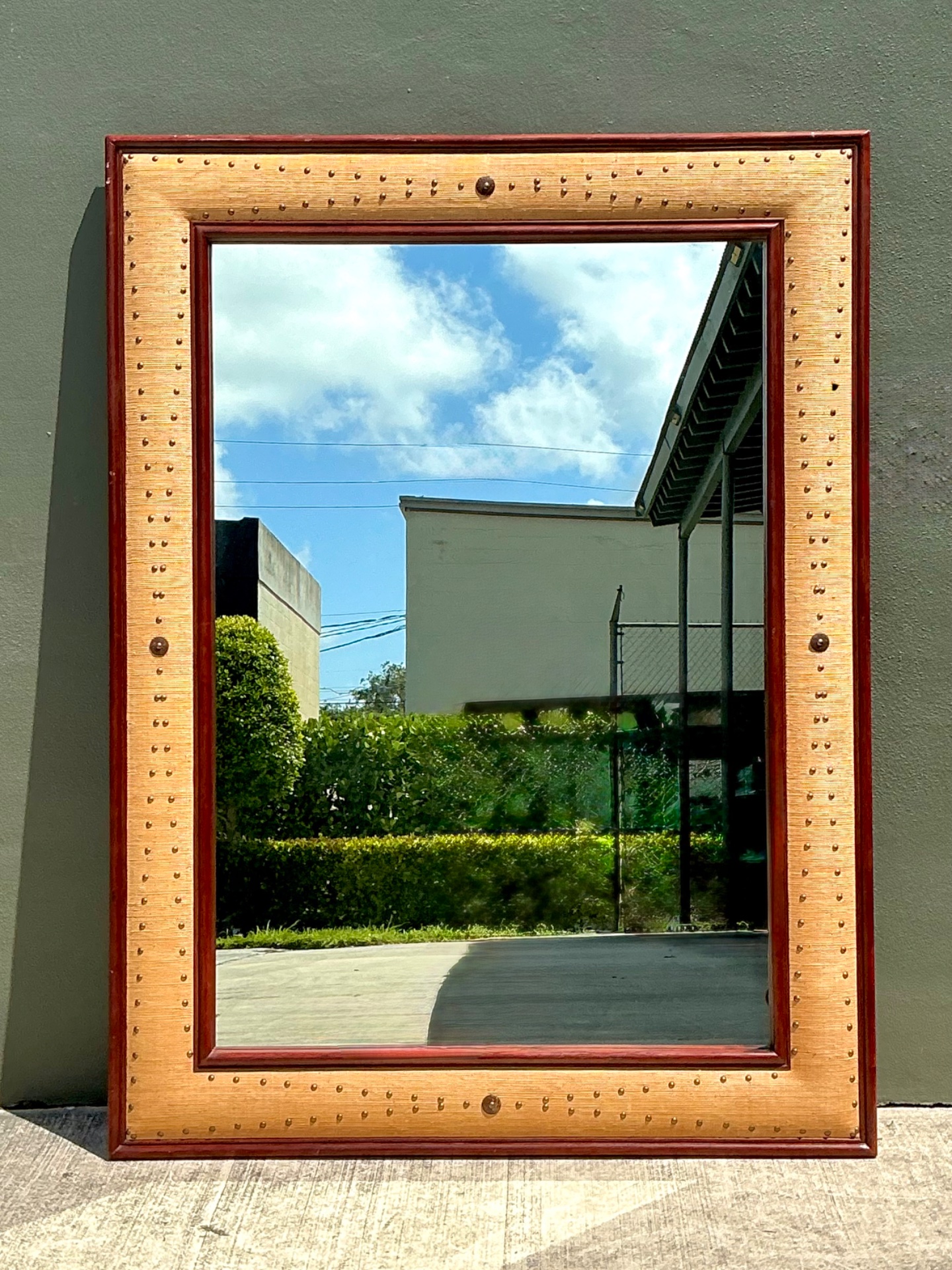 Vintage Seagrass Studded Wood Floor Mirror - Side view