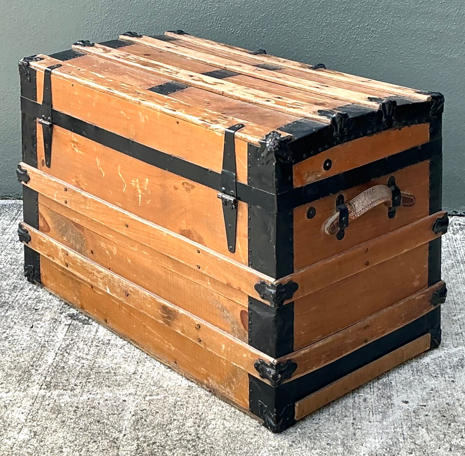 Vintage Wooden Travel Trunk with Metal Accents - Top view