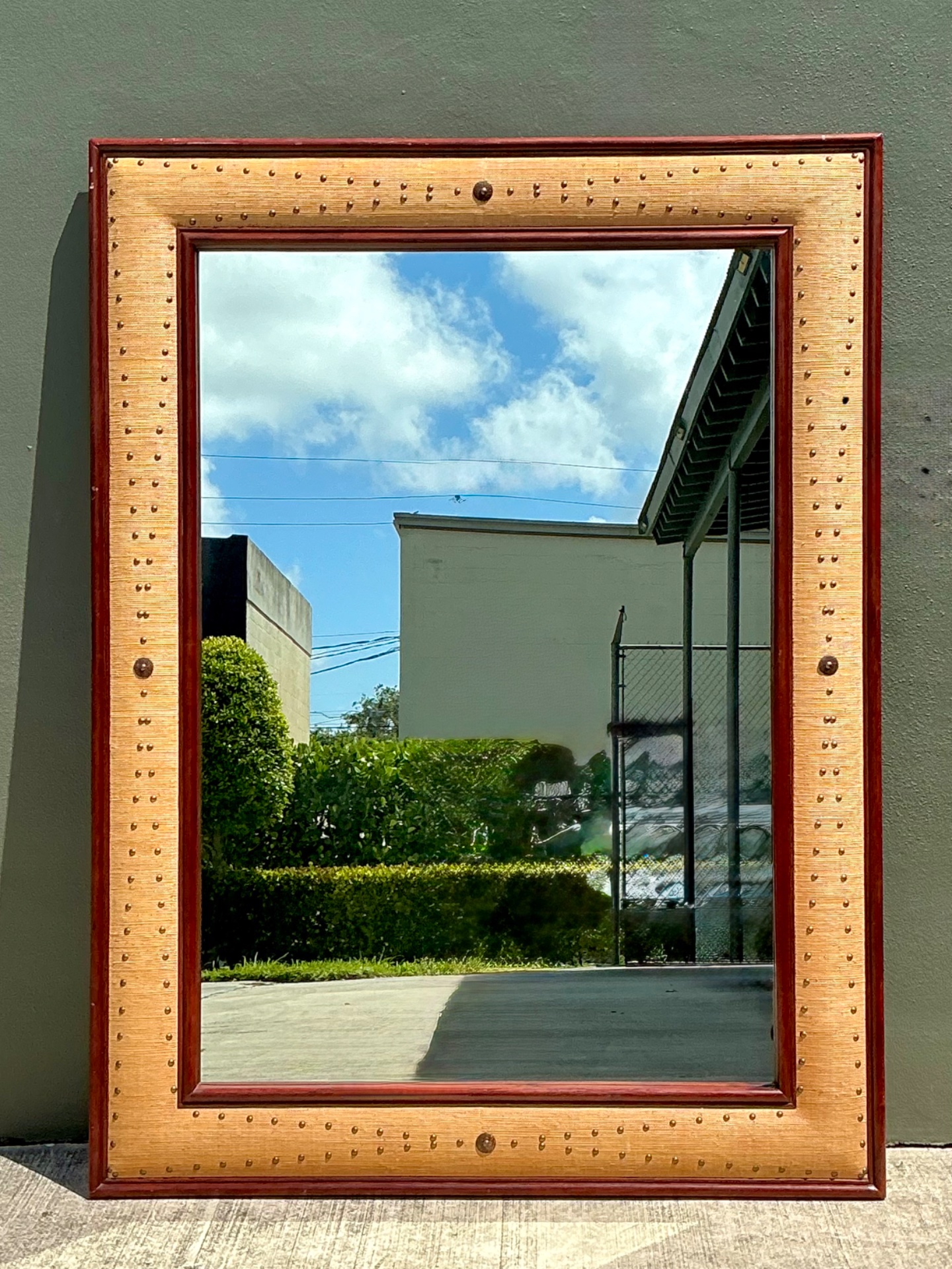 Vintage Seagrass Studded Wood Floor Mirror - Back view