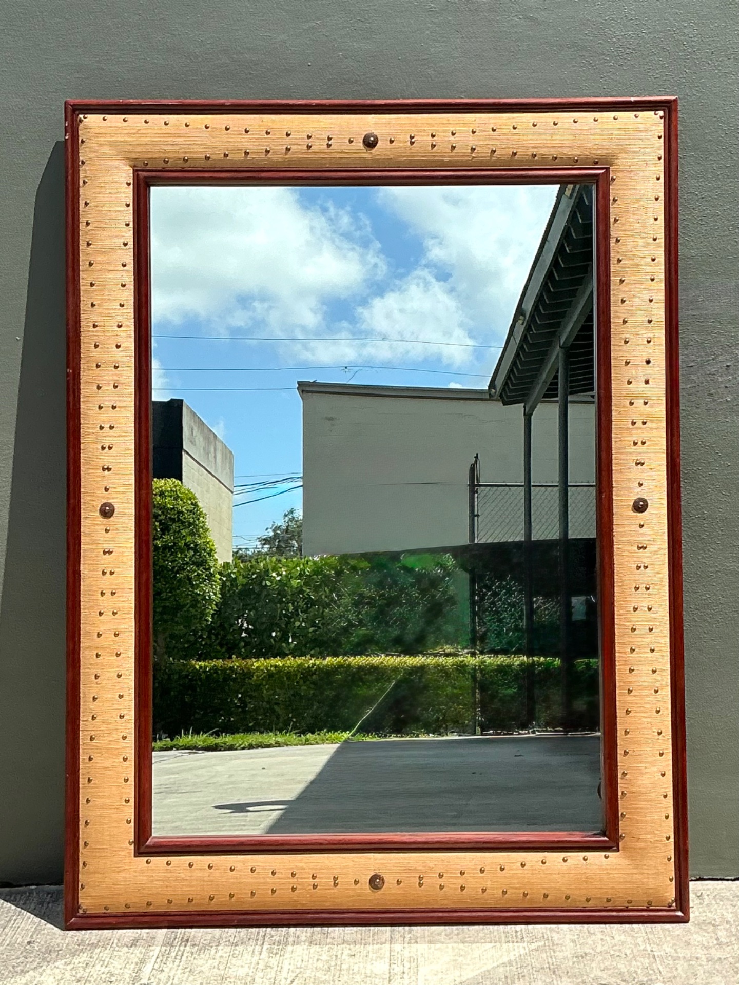 Vintage Seagrass Studded Wood Floor Mirror - Back view