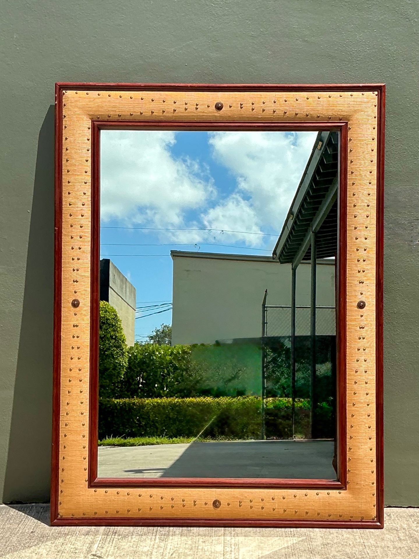 Vintage Seagrass Studded Wood Floor Mirror - Top view