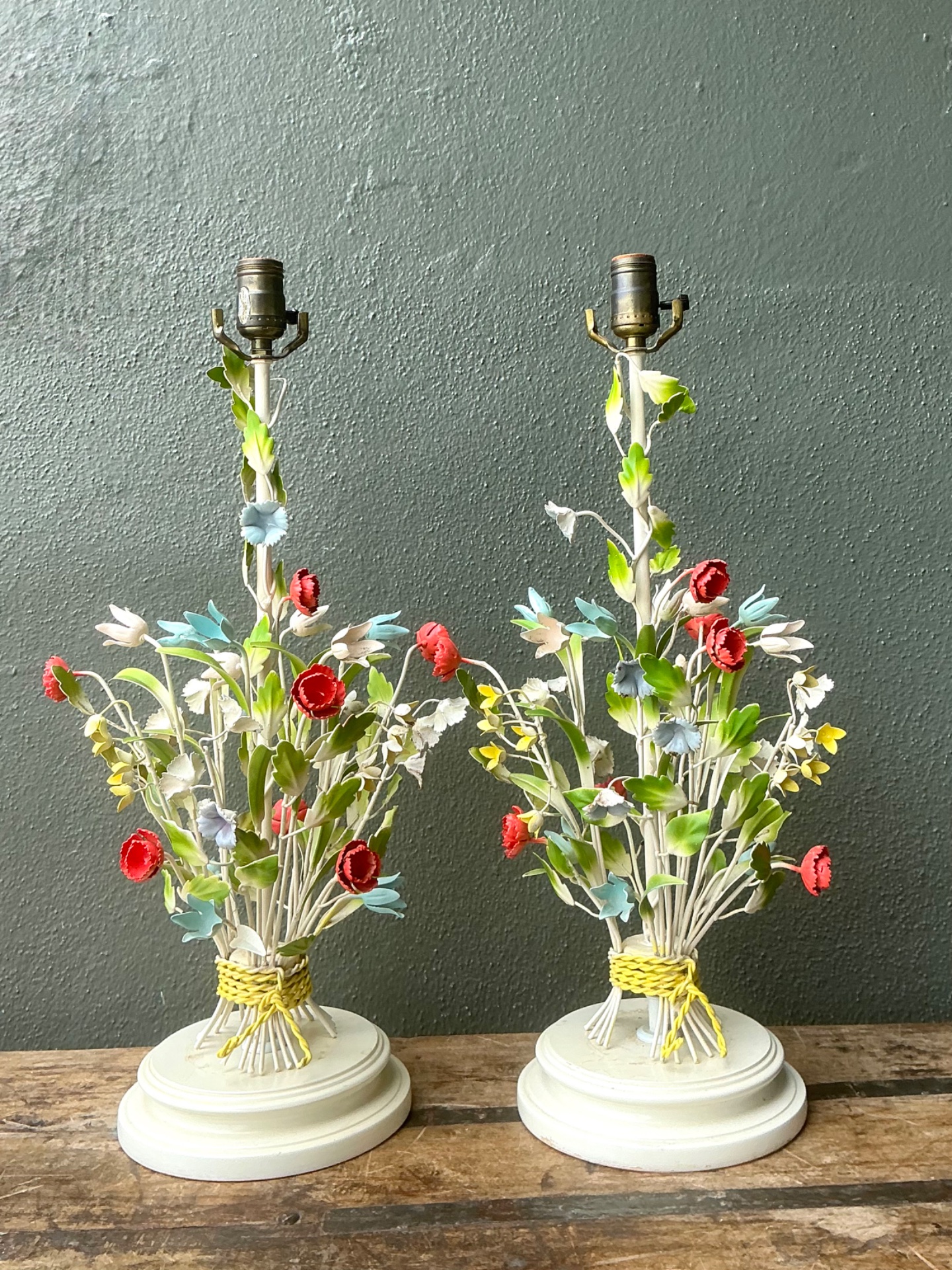 Vintage Floral Bouquet Tole Table Lamps - Pair - Top view