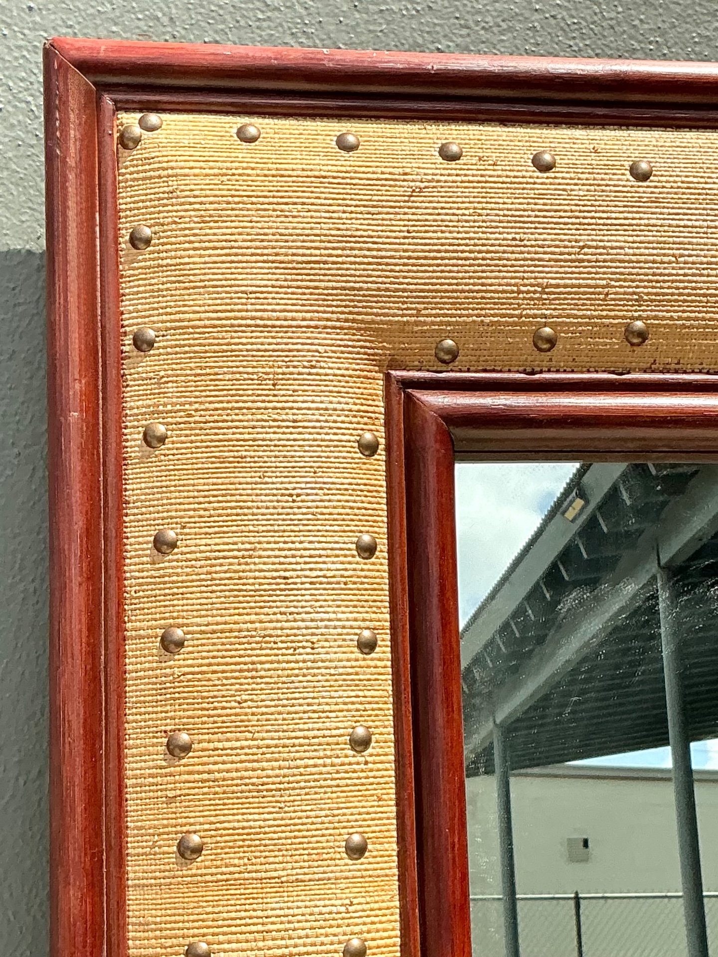 Vintage Seagrass Studded Wood Floor Mirror - Side view