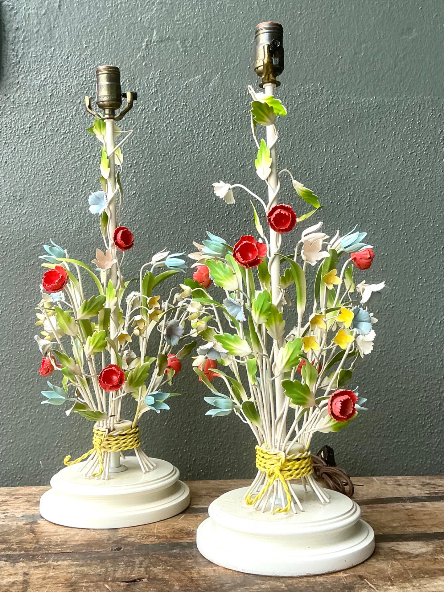 Vintage Floral Bouquet Tole Table Lamps - Pair - Back view