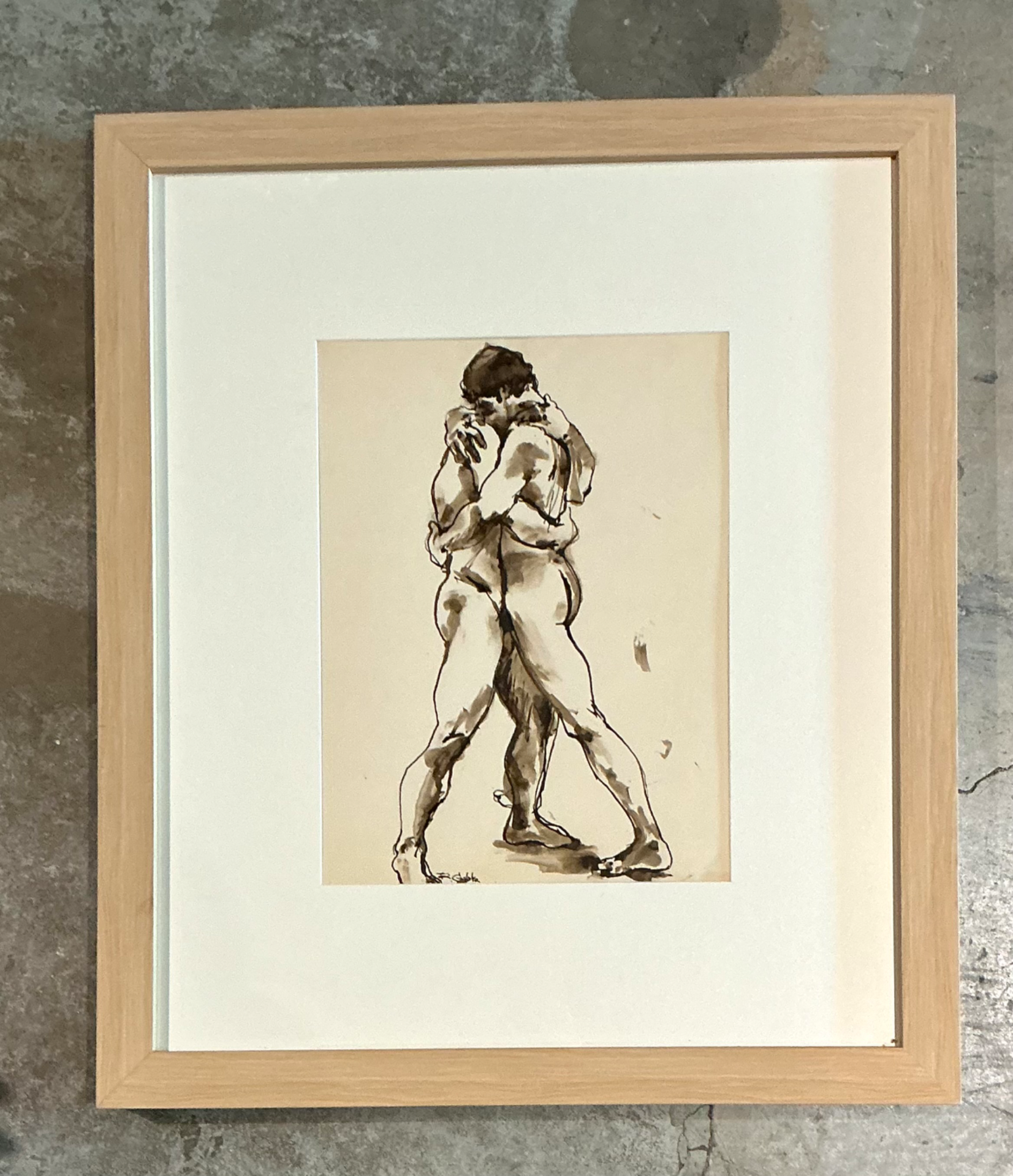 Vintage Framed Figurative Sketch on Paper - Top view