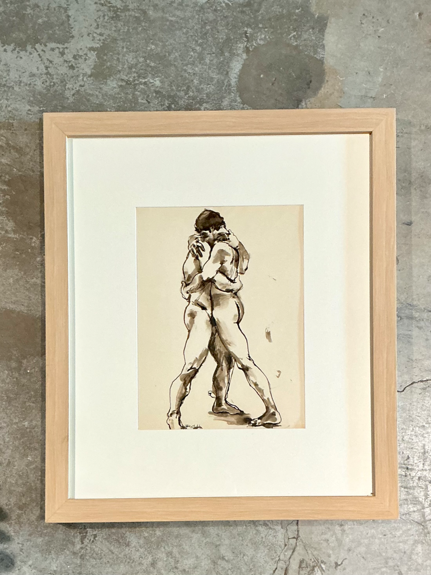 Vintage Framed Figurative Sketch on Paper - Side view