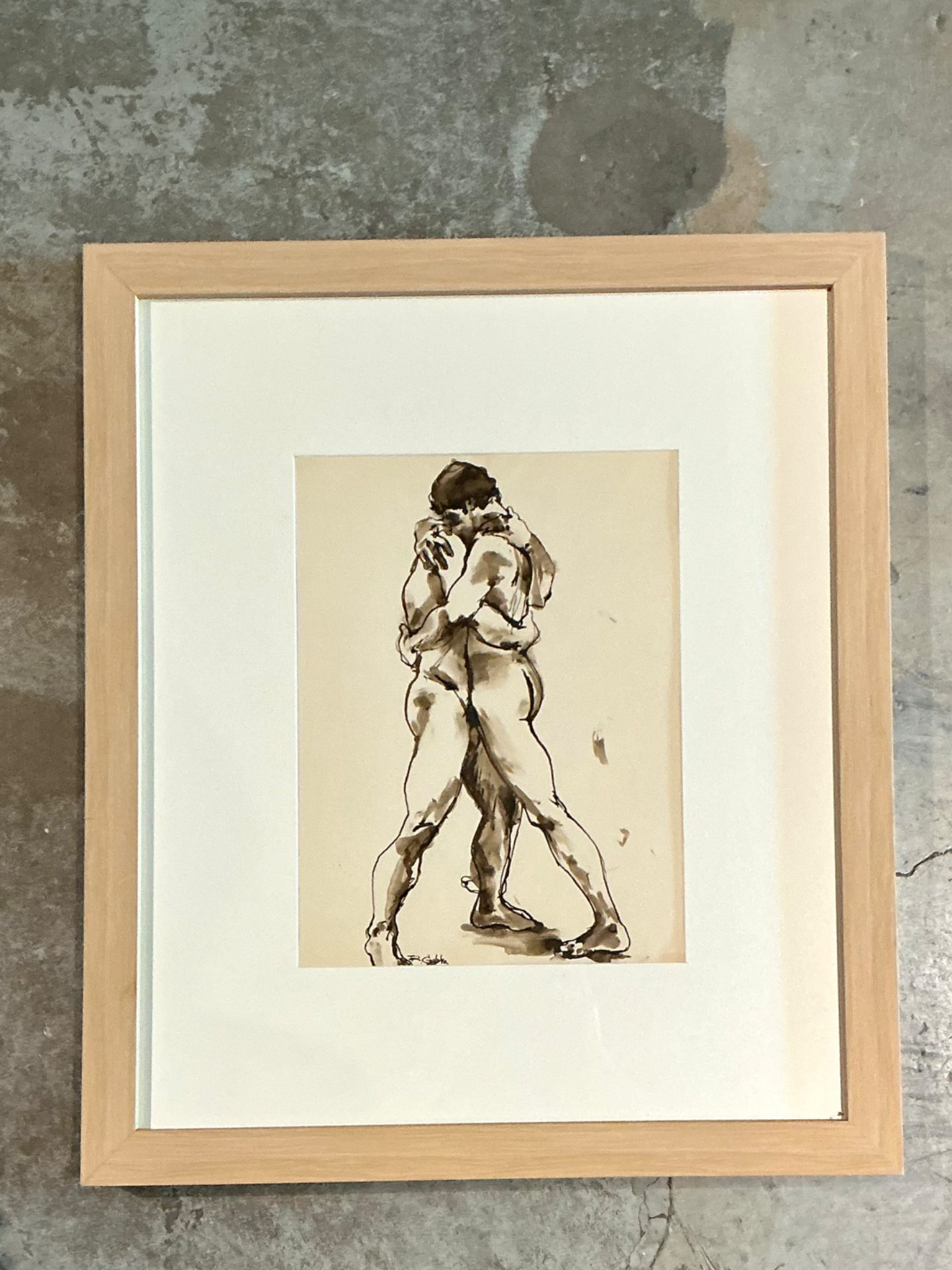Vintage Framed Figurative Sketch on Paper - Detail view