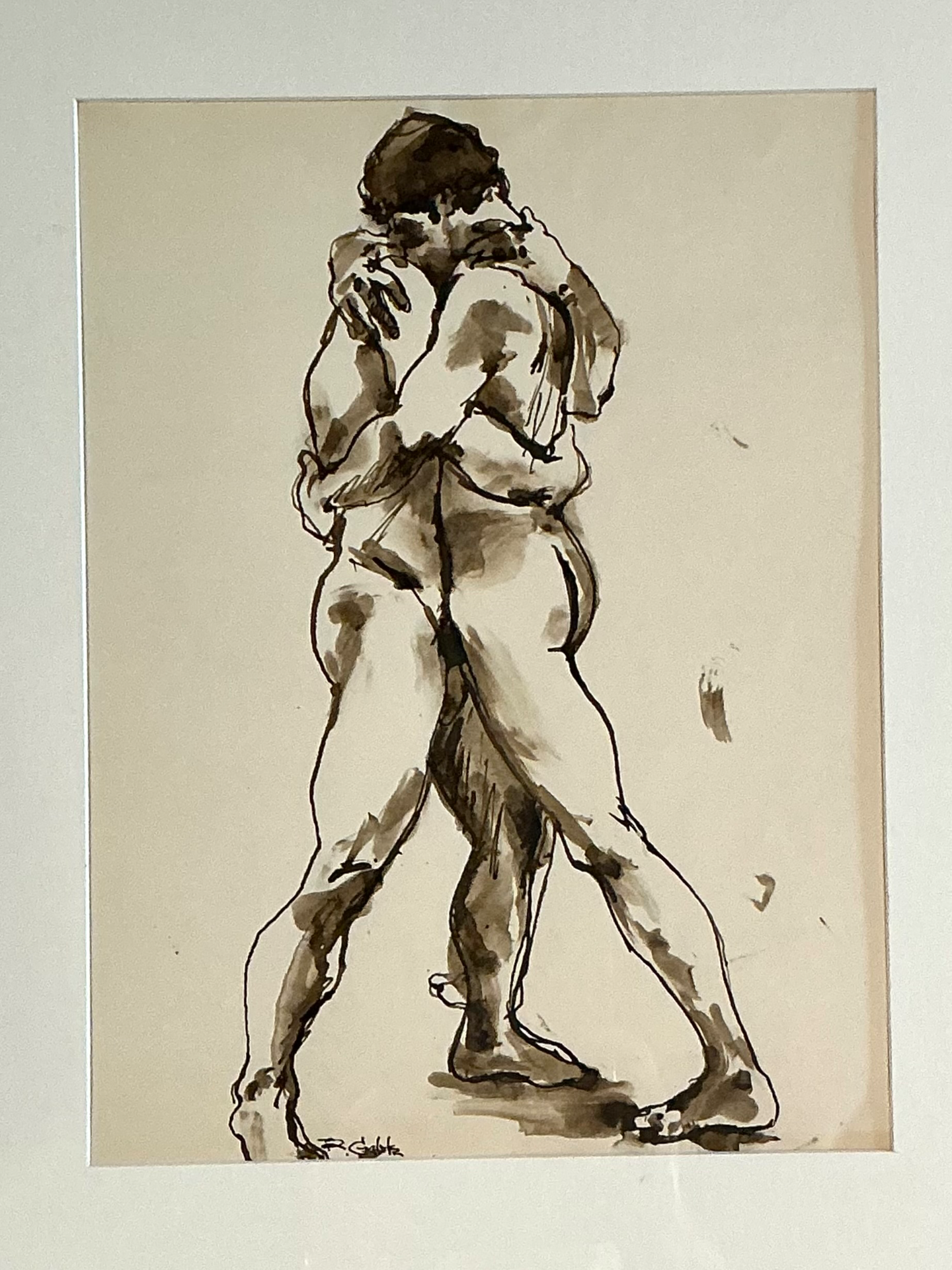 Vintage Framed Figurative Sketch on Paper - Back view