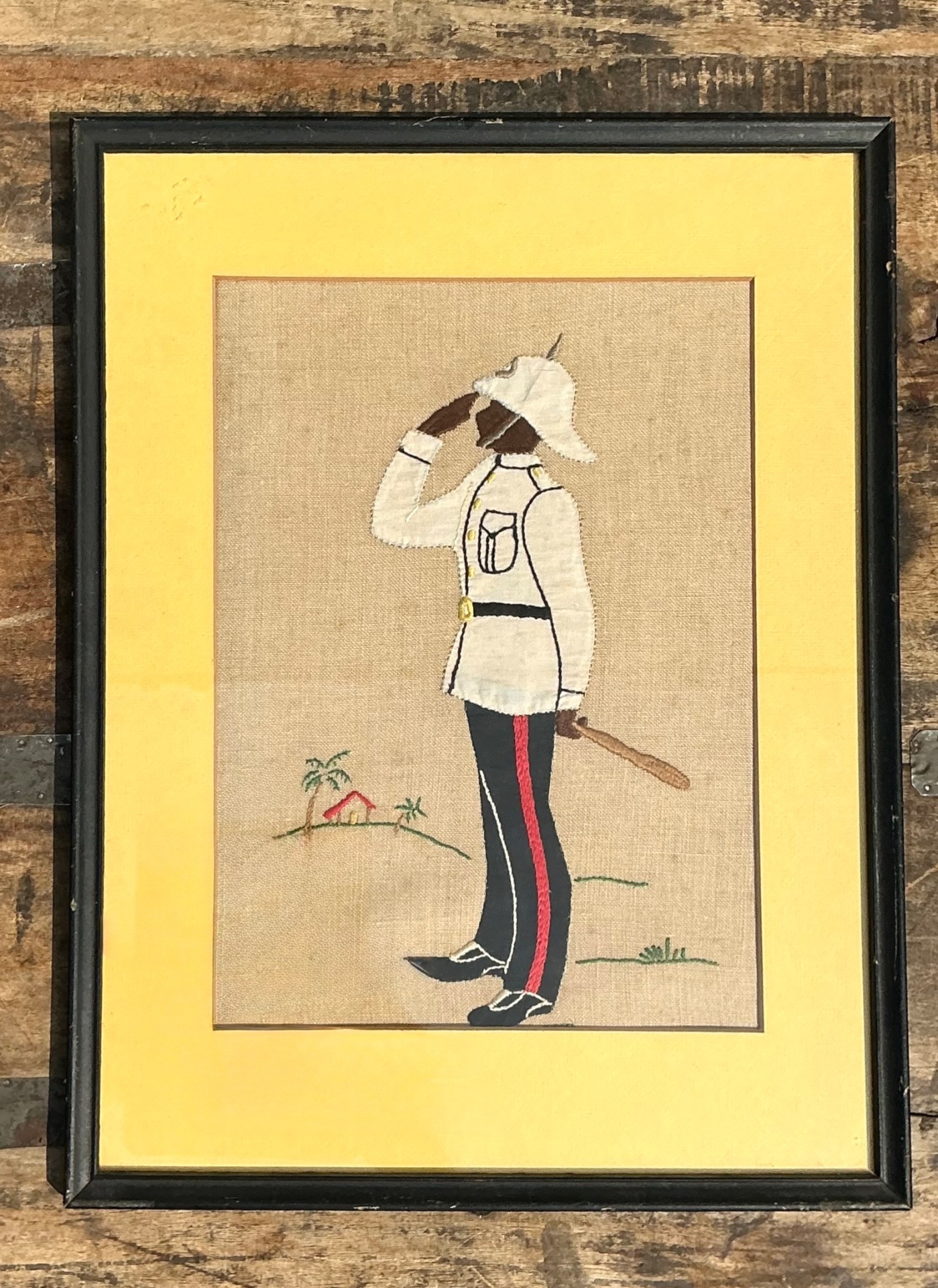 Vintage Embroidered Military Figure in Frame - Top view