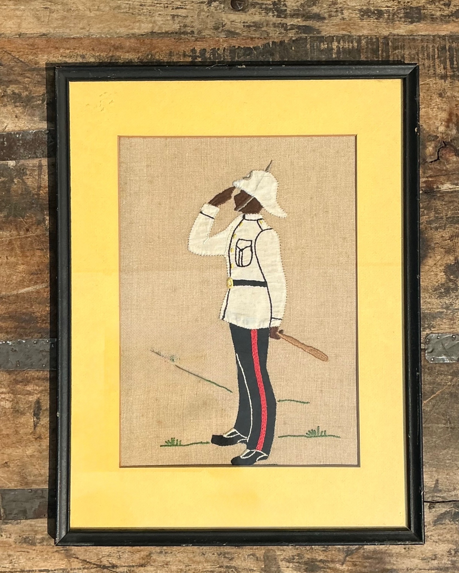 Vintage Embroidered Military Figure in Frame - Back view