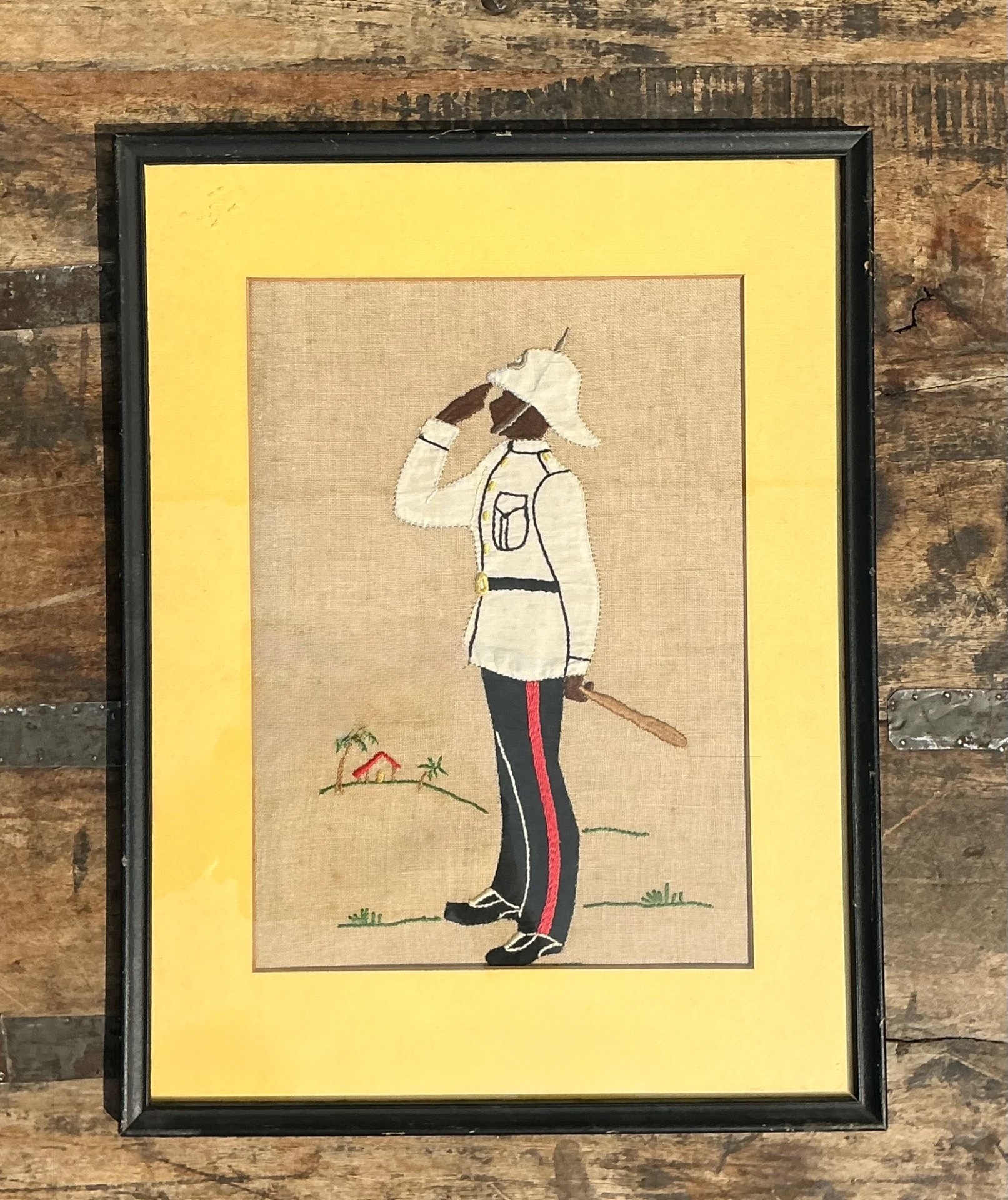 Vintage Embroidered Military Figure in Frame - Side view