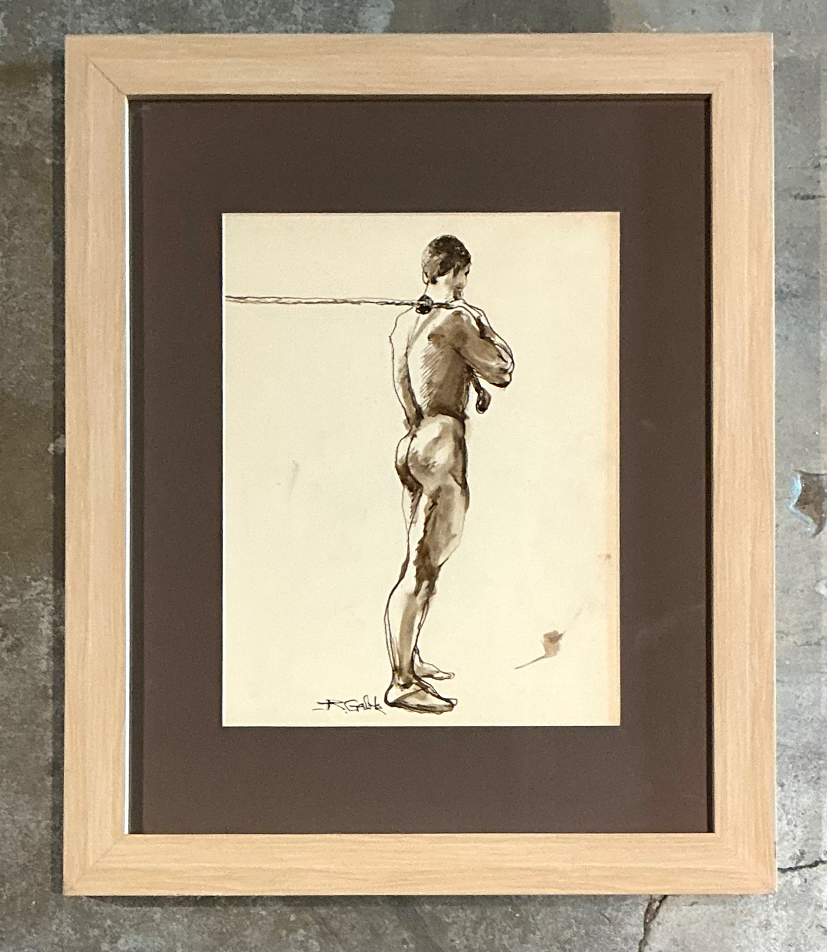 Vintage Framed Figurative Sketch on Paper - Top view