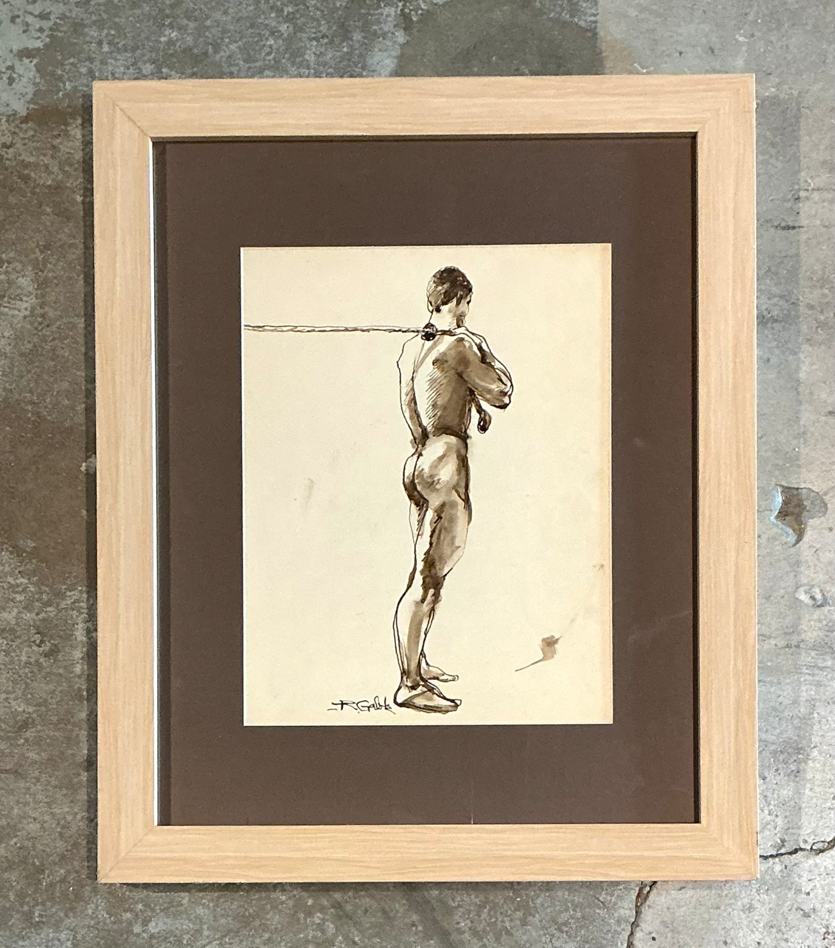 Vintage Framed Figurative Sketch on Paper - Side view