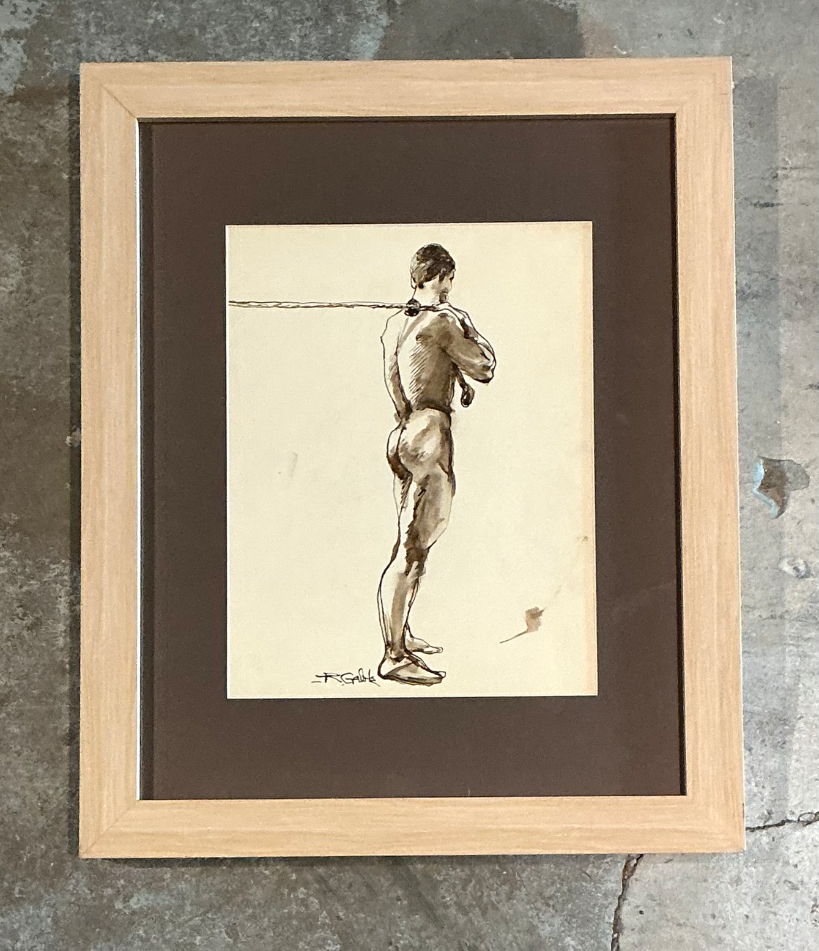 Vintage Framed Figurative Sketch on Paper - Back view