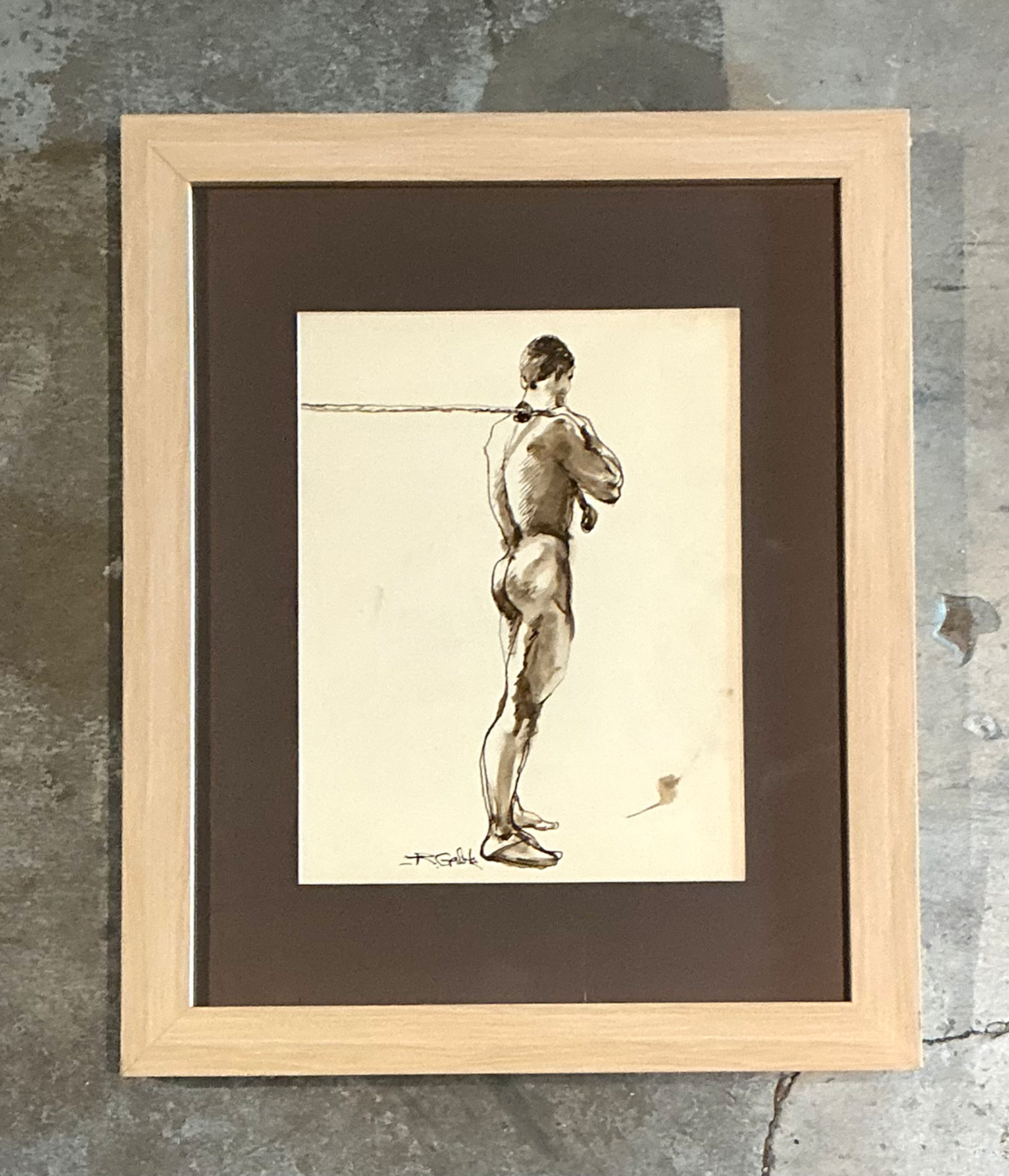 Vintage Framed Figurative Sketch on Paper - Detail view