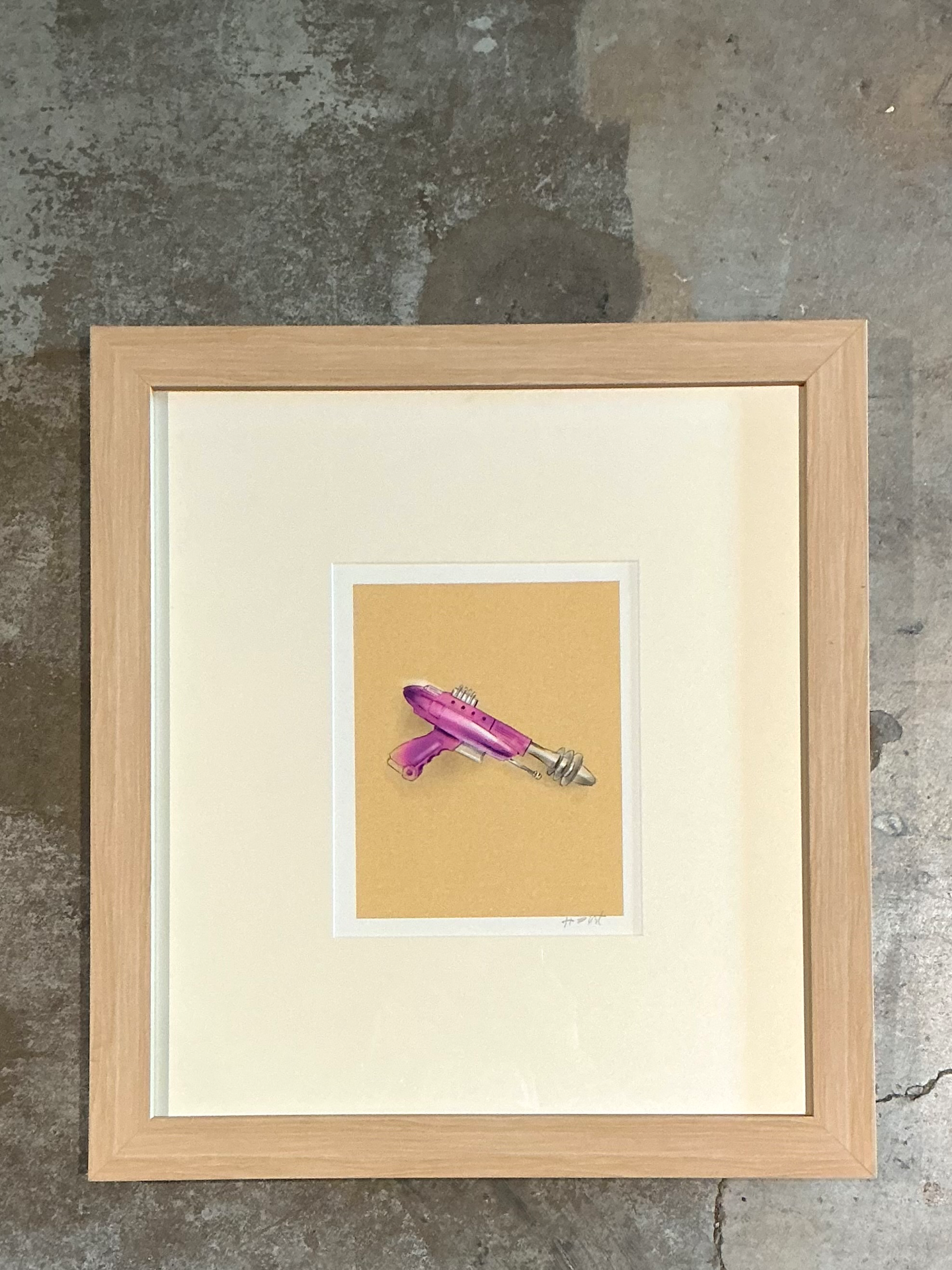 Vintage Framed Ray Gun Illustration on Paper - Detail view