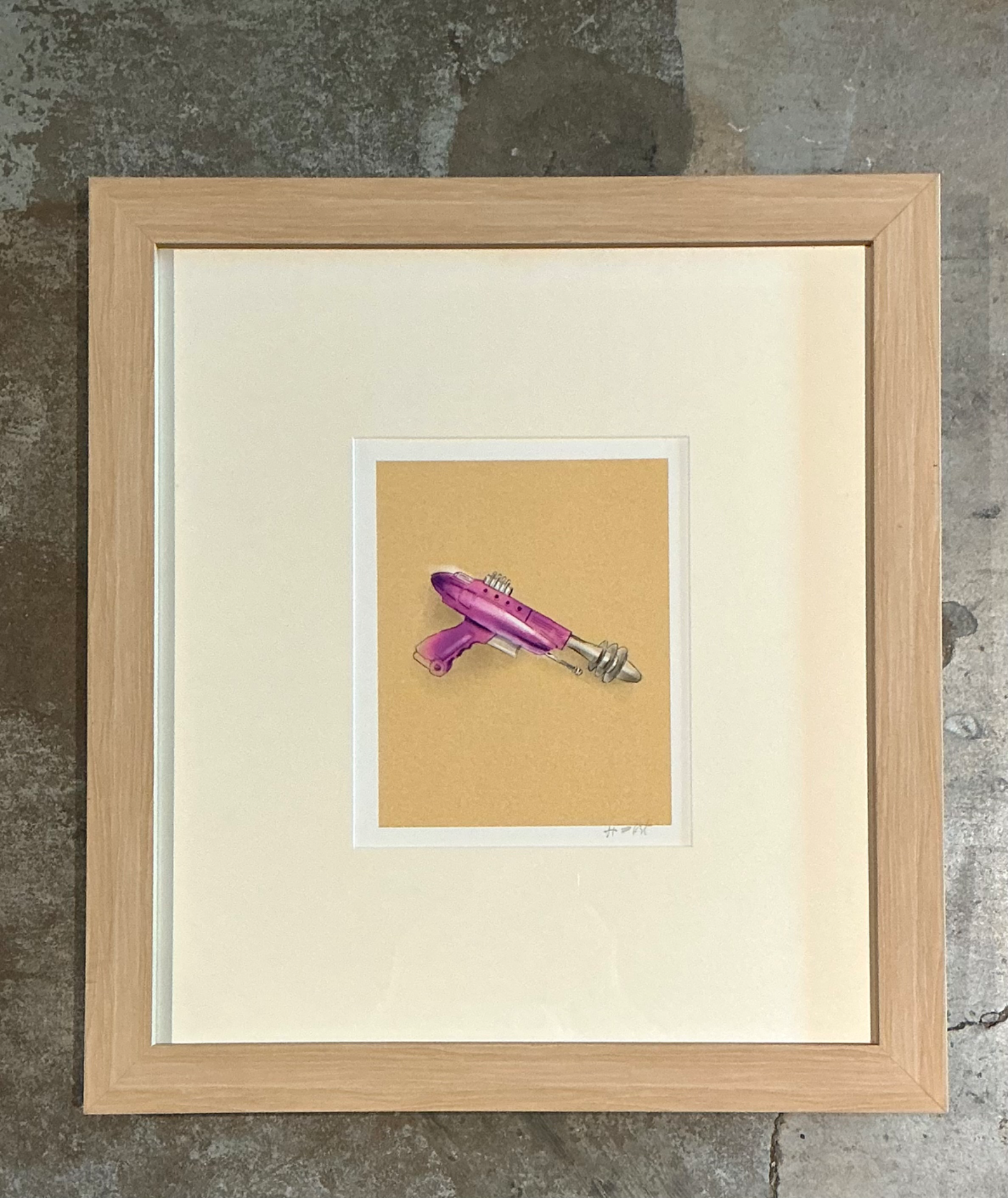 Vintage Framed Ray Gun Illustration on Paper - Top view