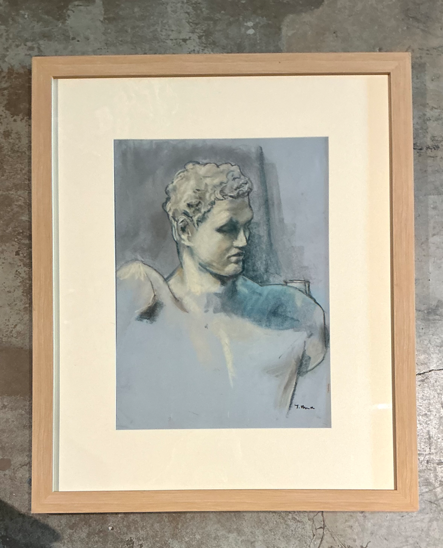 Vintage Framed Classical Bust Study on Paper - Side view