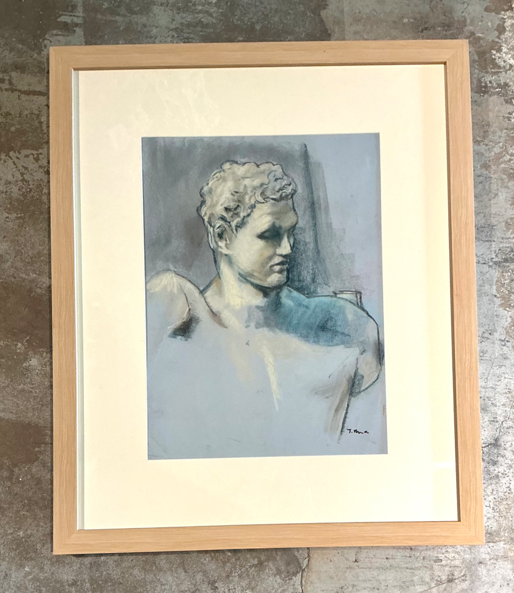 Vintage Framed Classical Bust Study on Paper - Top view
