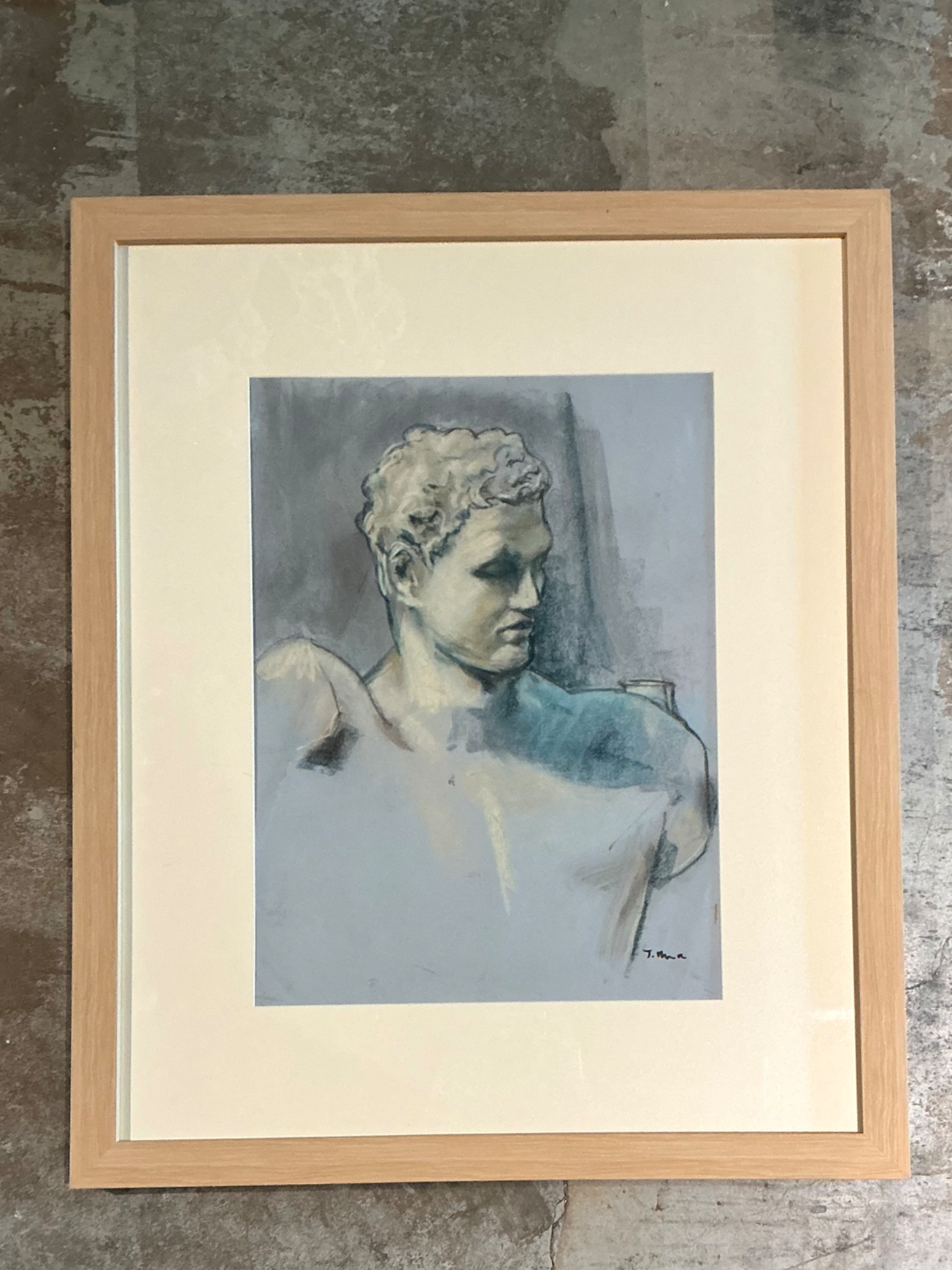 Vintage Framed Classical Bust Study on Paper - Detail view