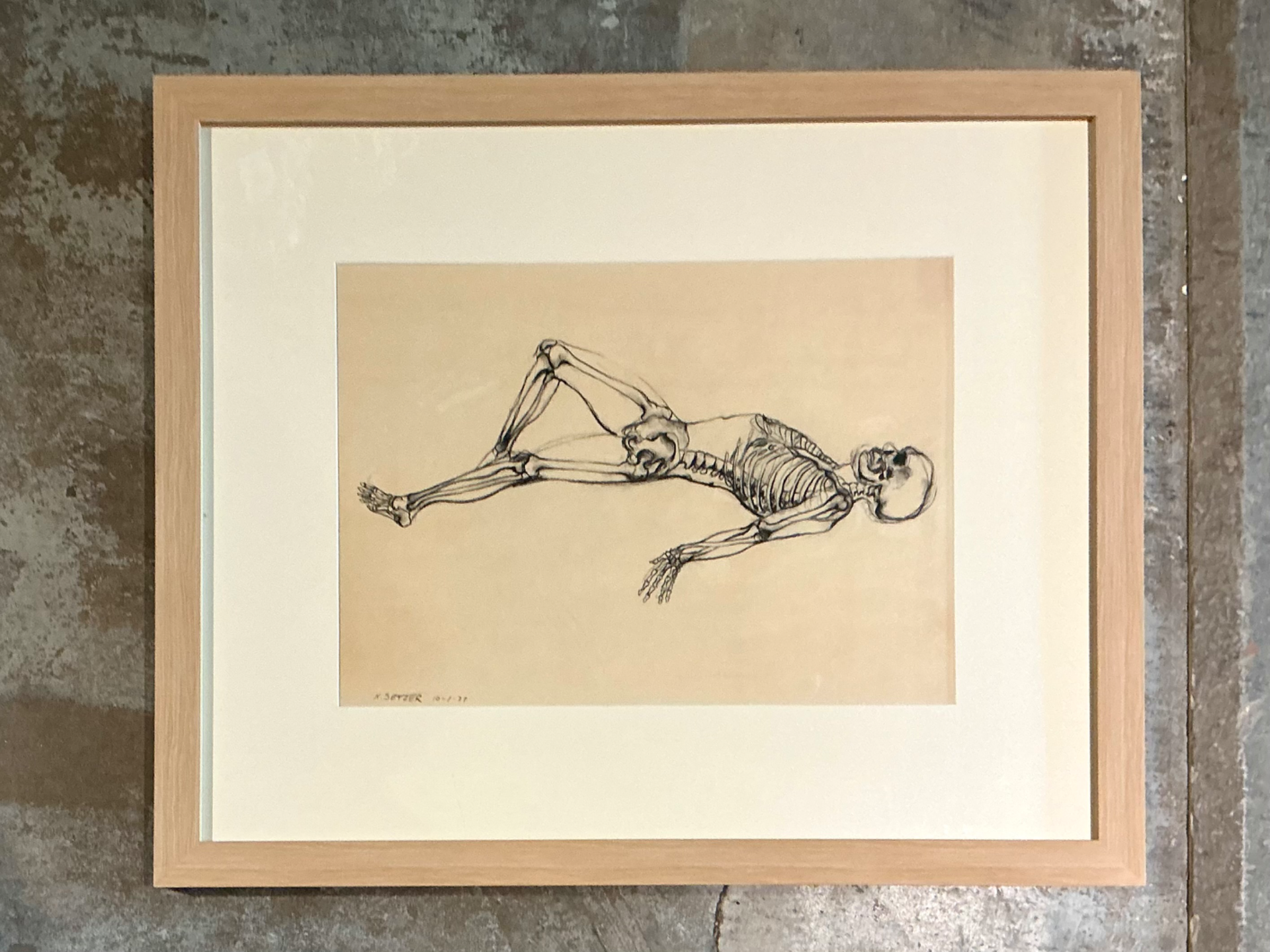 Vintage Framed Reclining Skeleton Study on Paper - Top view
