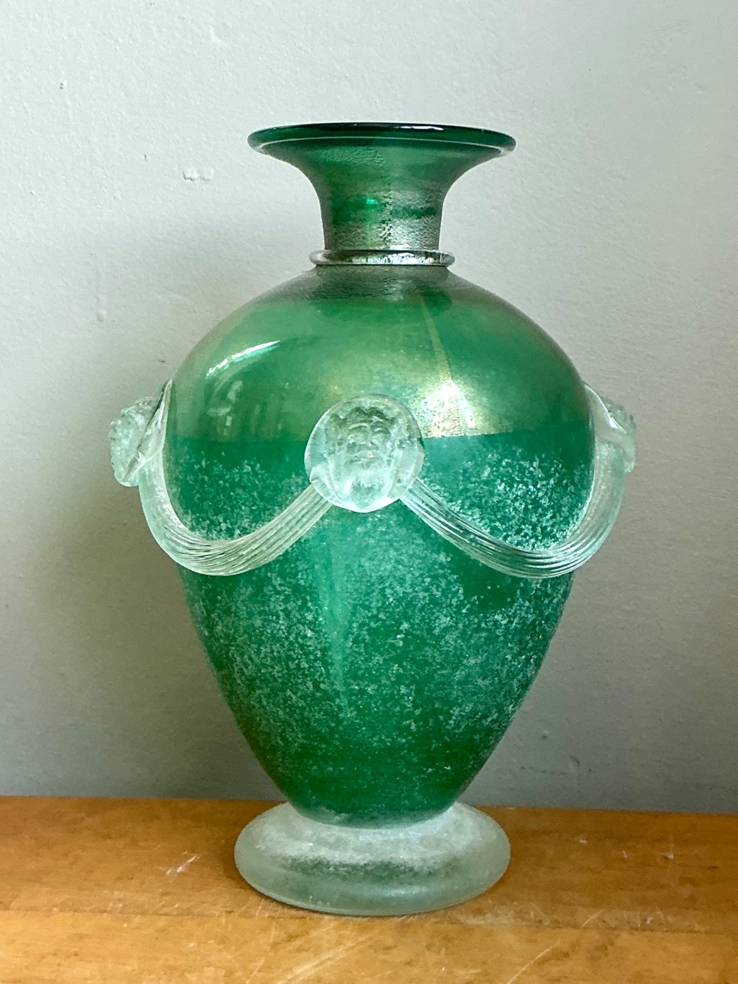 Vintage Green Art Glass Vase with Relief Faces - Top view