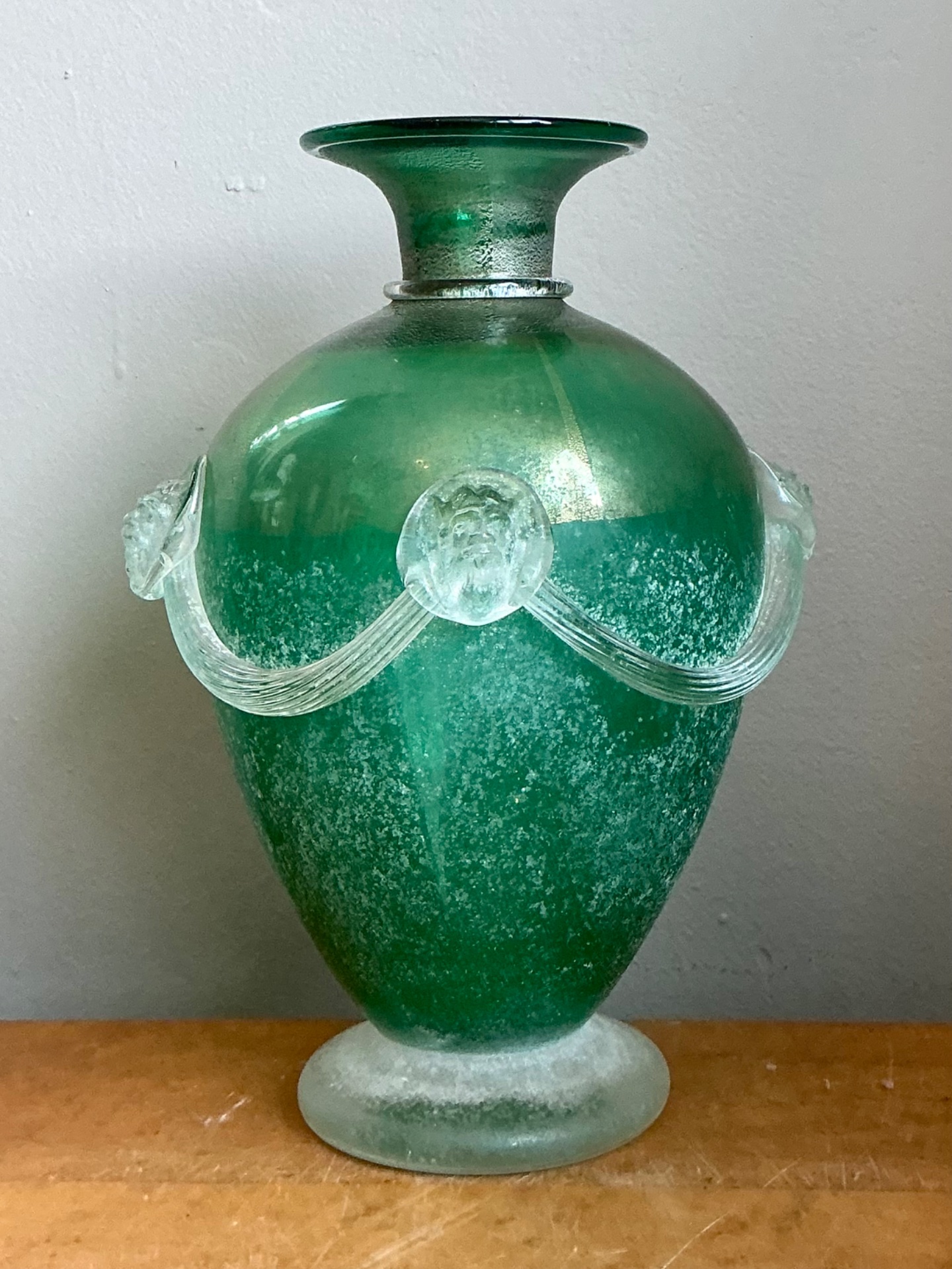 Vintage Green Art Glass Vase with Relief Faces - Detail view