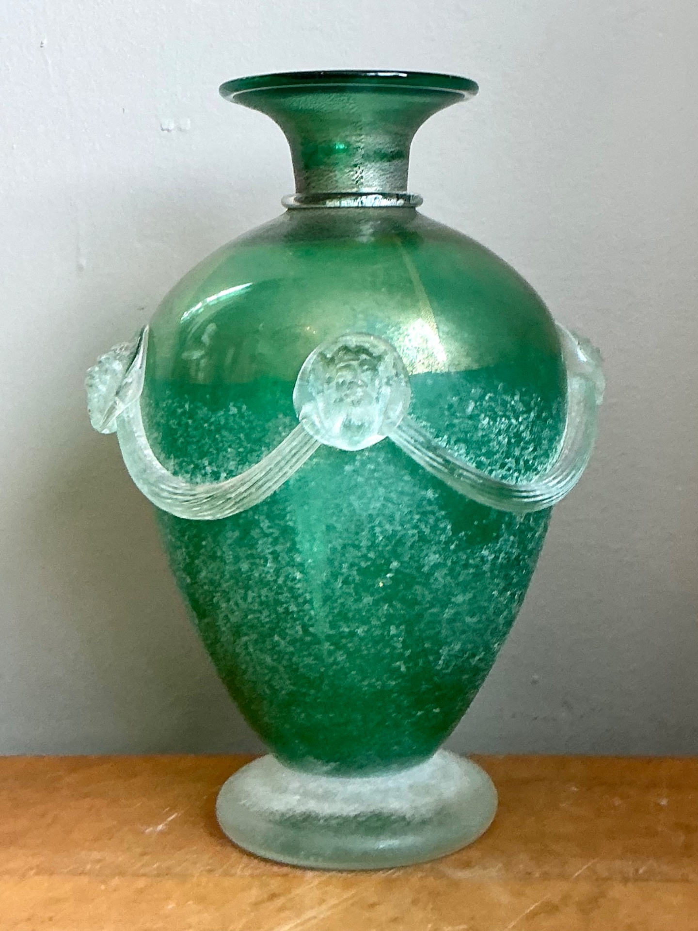 Vintage Green Art Glass Vase with Relief Faces - Back view