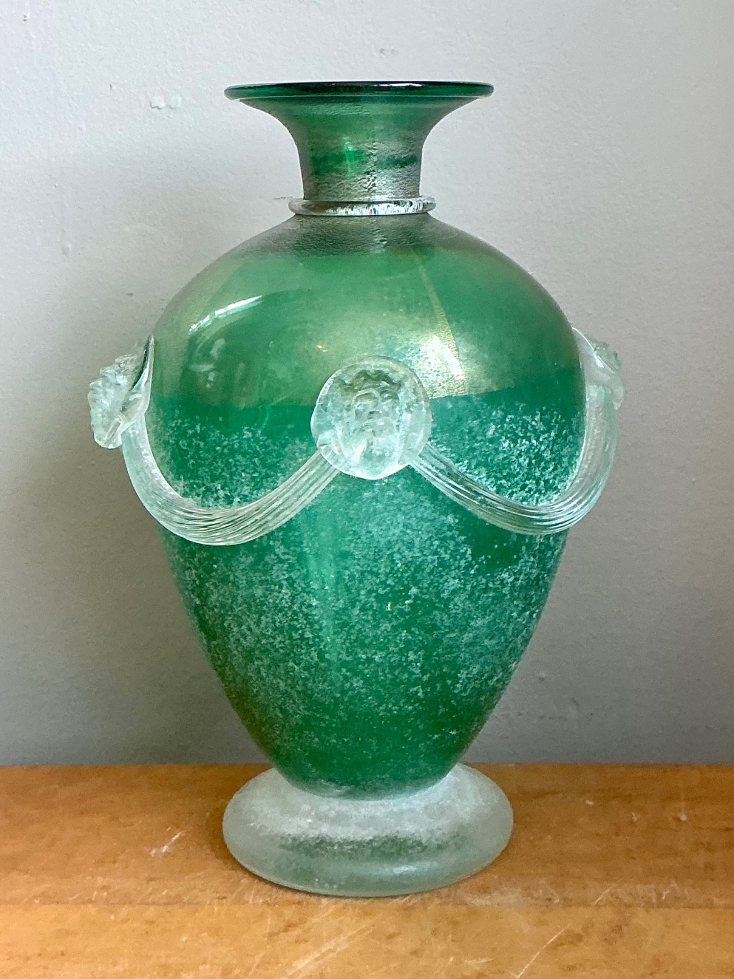 Vintage Green Art Glass Vase with Relief Faces - Back view