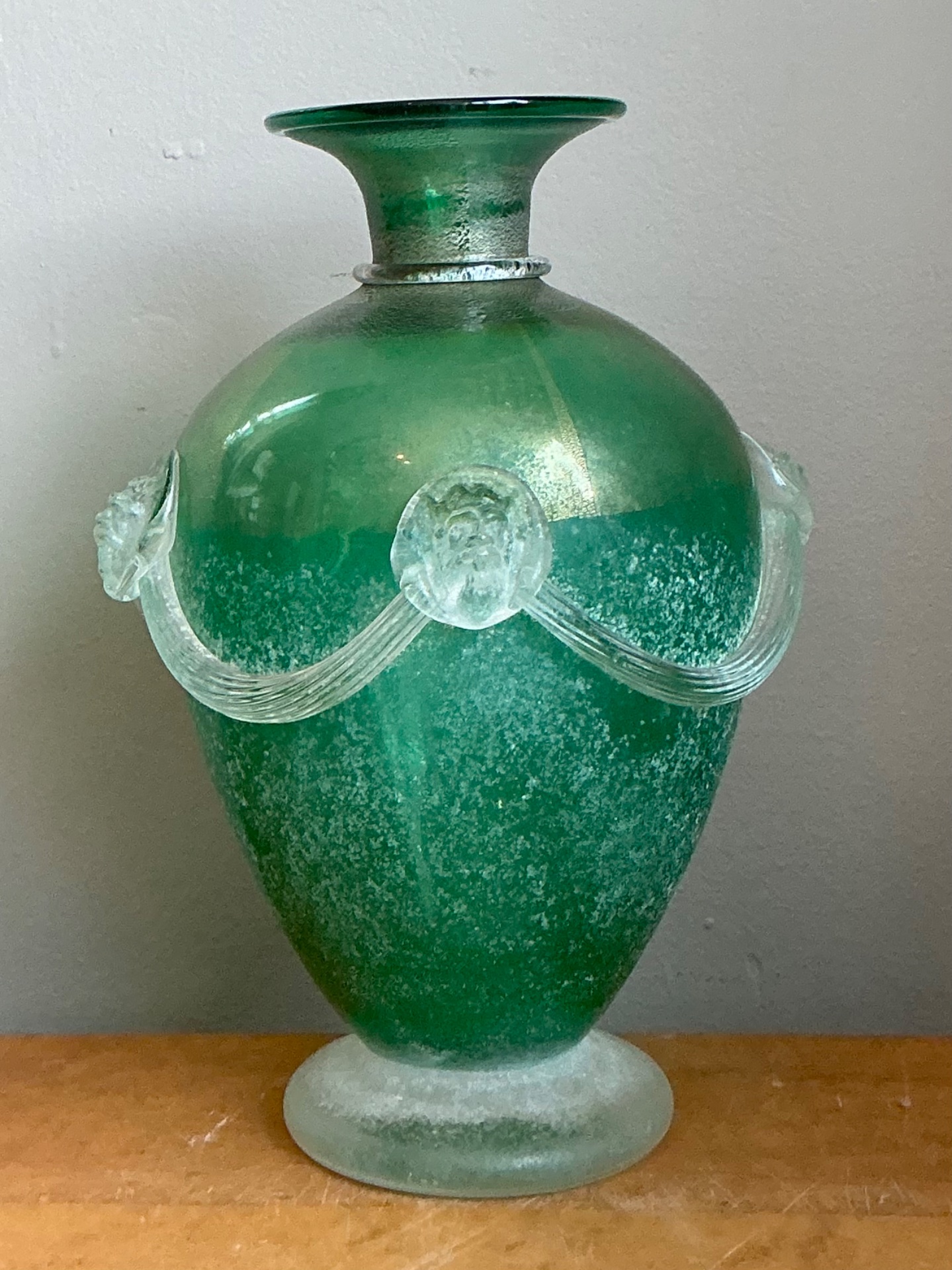 Vintage Green Art Glass Vase with Relief Faces - Side view