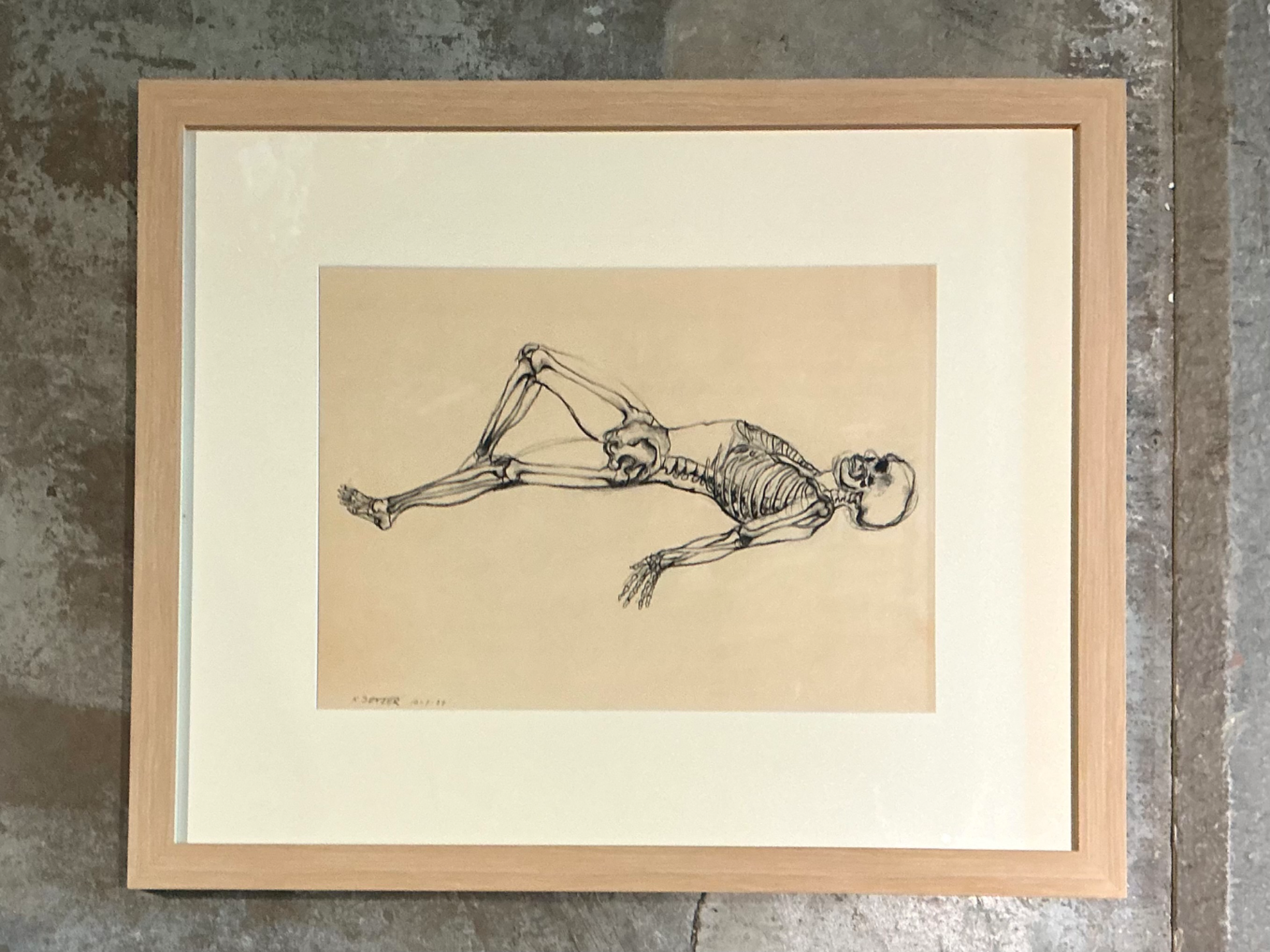 Vintage Framed Reclining Skeleton Study on Paper - Back view