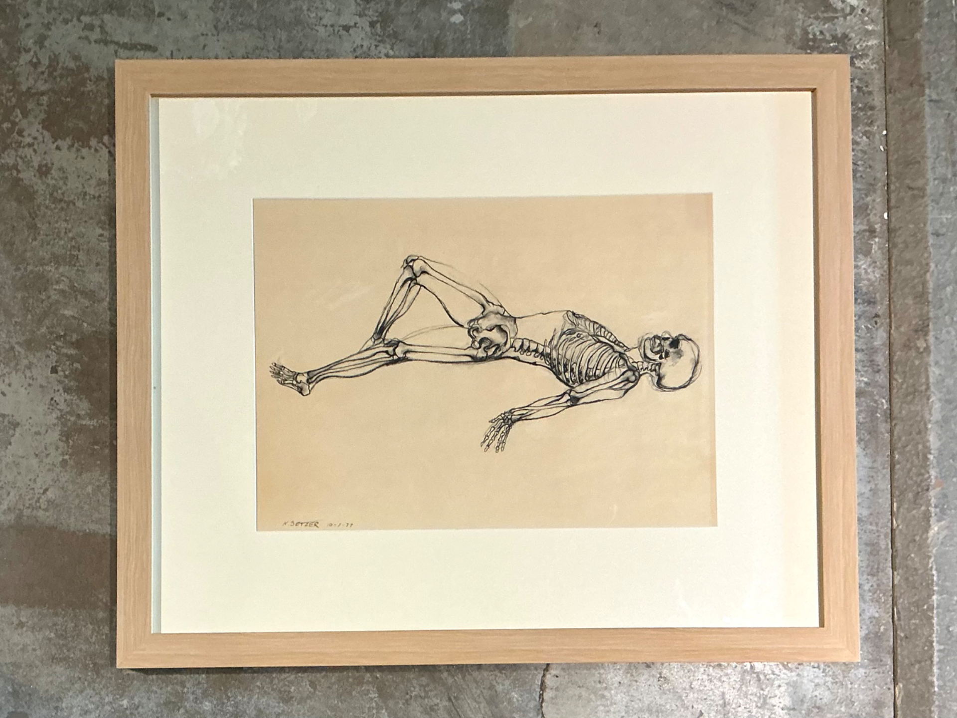 Vintage Framed Reclining Skeleton Study on Paper - Detail view
