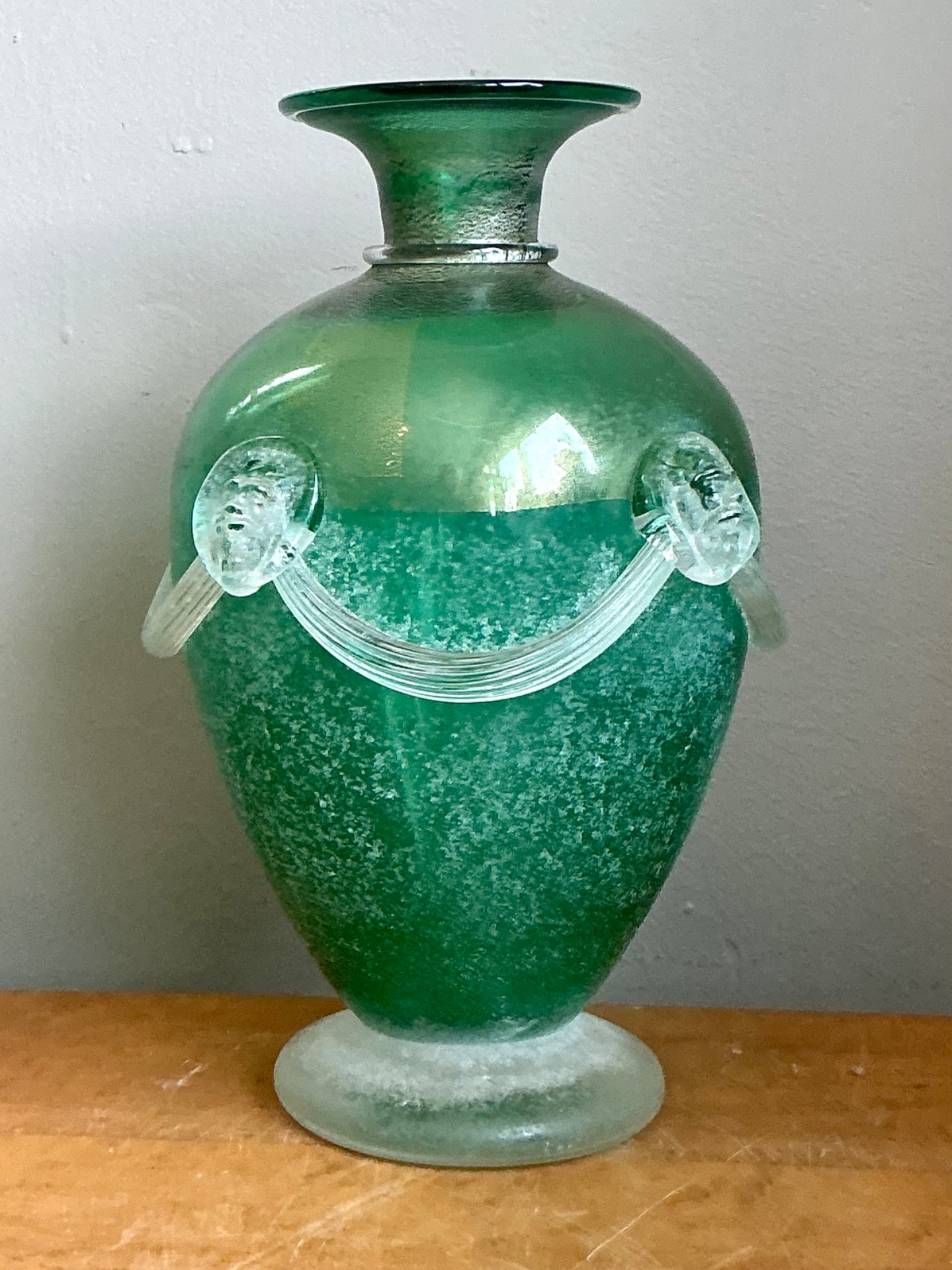 Vintage Green Art Glass Vase with Relief Faces - Top view