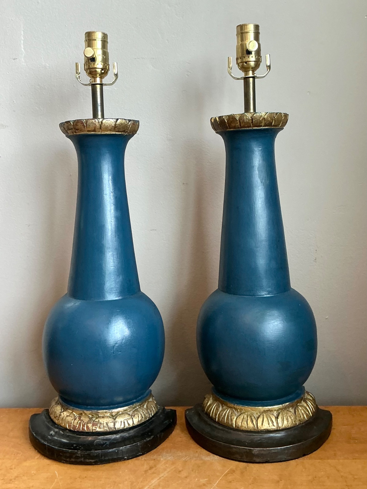 Vintage Blue Gilt Accented Table Wood Half Lamps - Pair - Side view