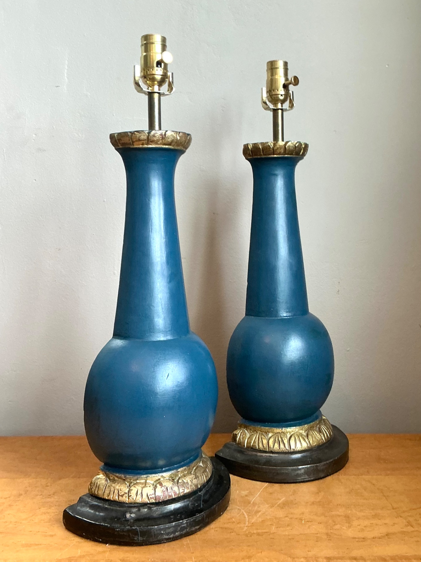 Vintage Blue Gilt Accented Table Wood Half Lamps - Pair - Detail view