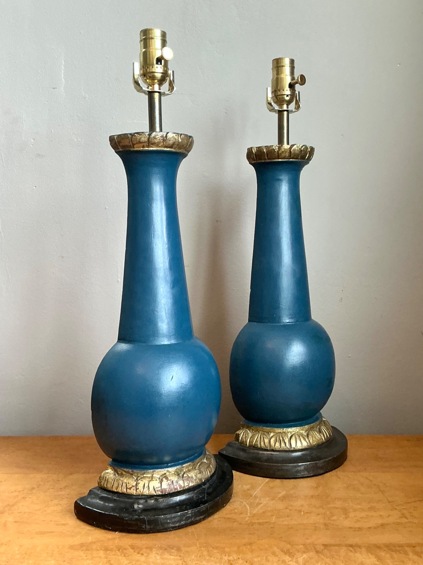 Vintage Blue Gilt Accented Table Wood Half Lamps - Pair - Back view